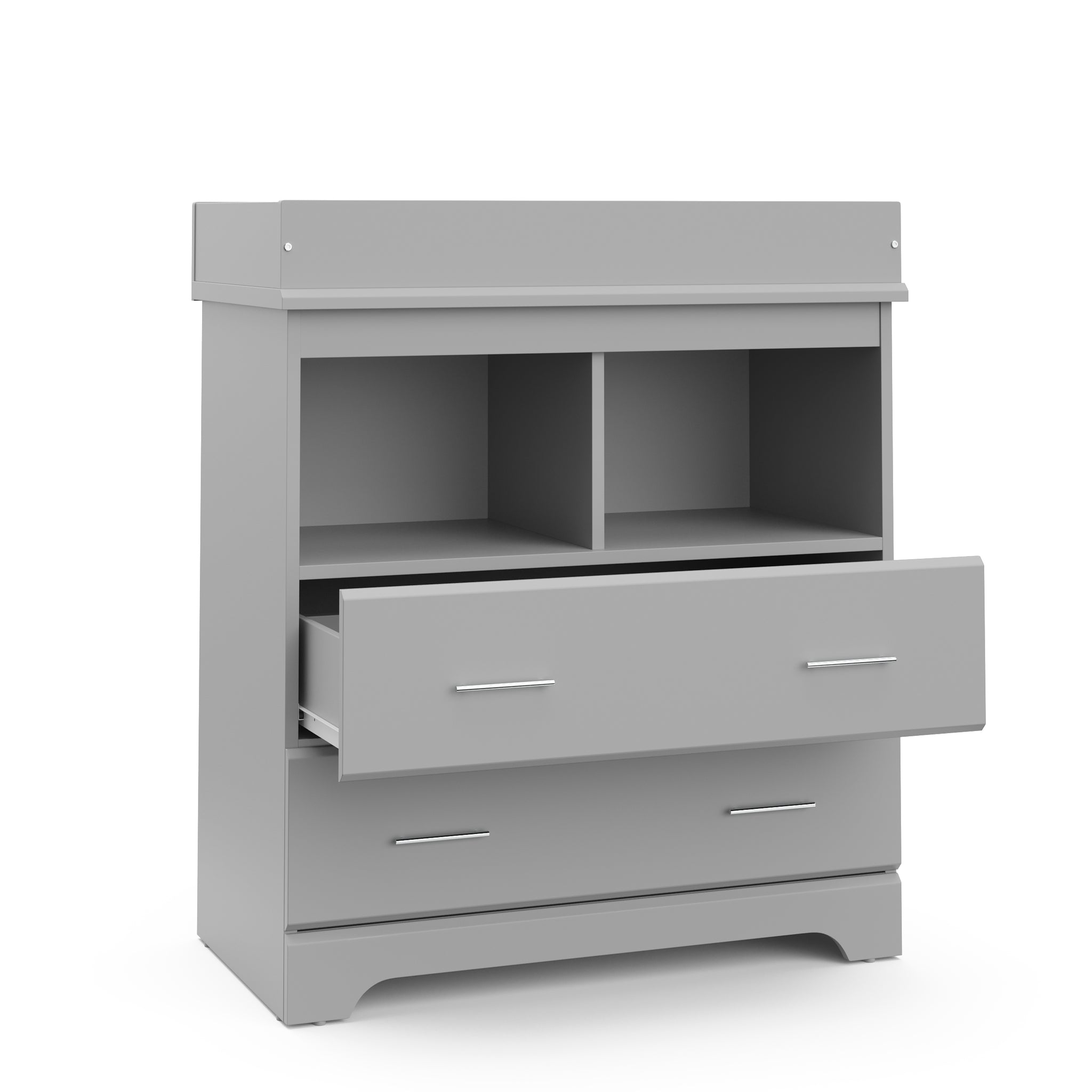pebble gray 2 drawer chest with changing topper and one open drawer