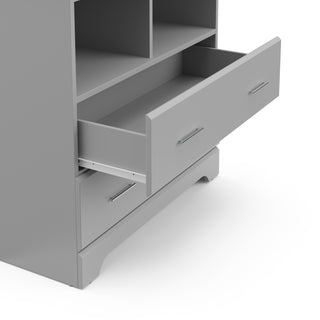 close-up view of a pebble gray chest's open drawer