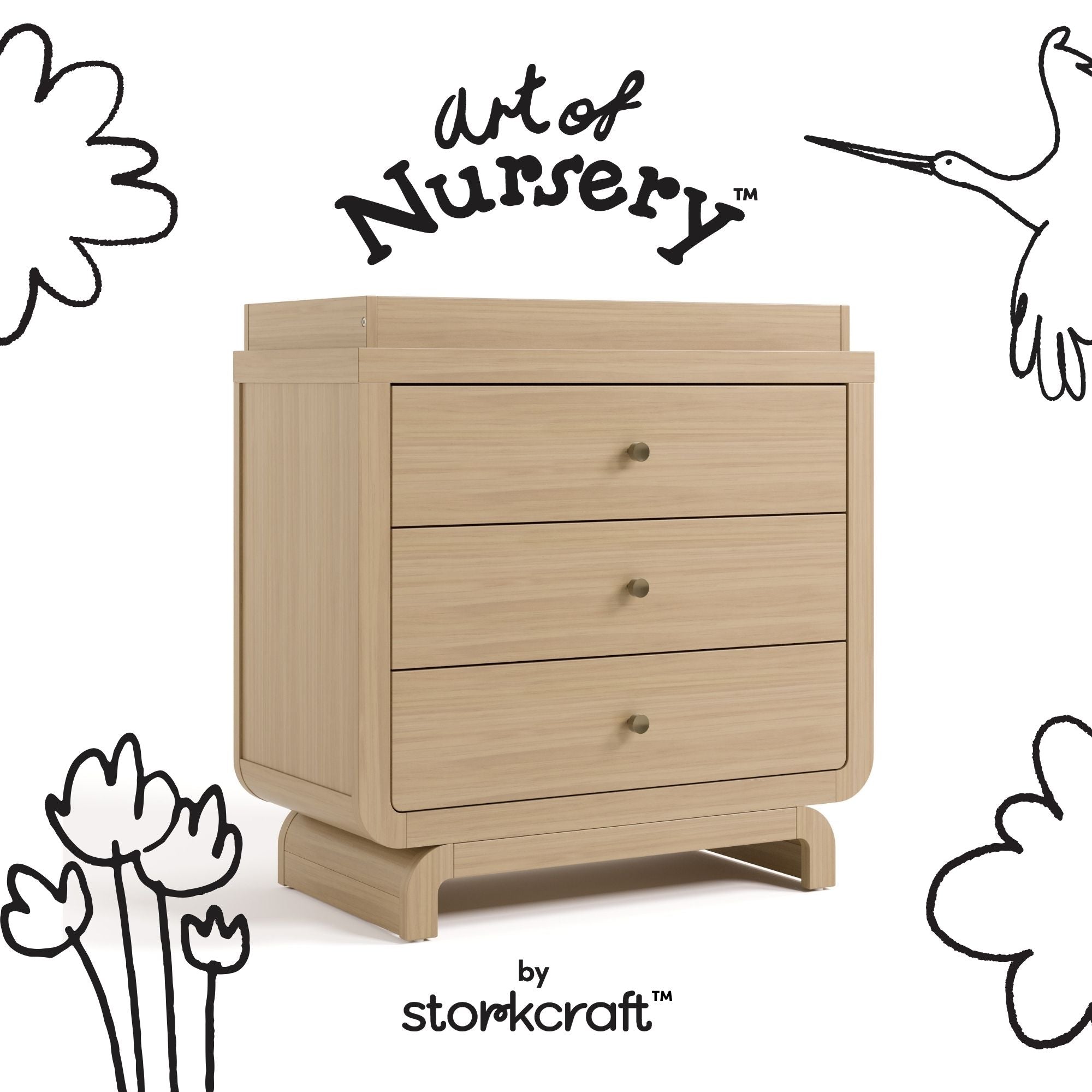 Santorini driftwood 3 drawer chest with changing topper with black doodles overlaid on image