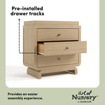 Santorini driftwood 3 drawer chest with changing topper pre-installed drawer tracks callout