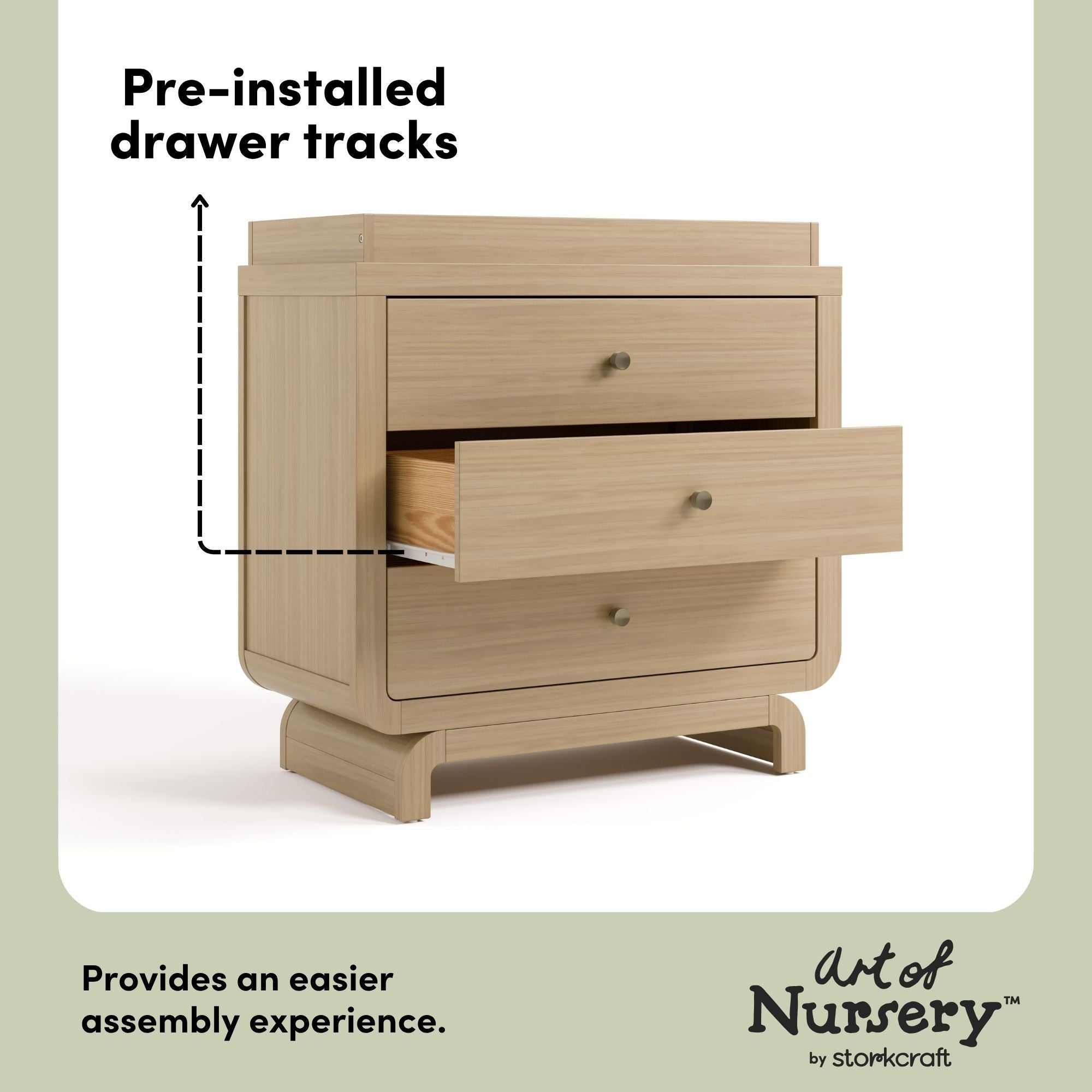 Santorini driftwood 3 drawer chest with changing topper pre-installed drawer tracks callout