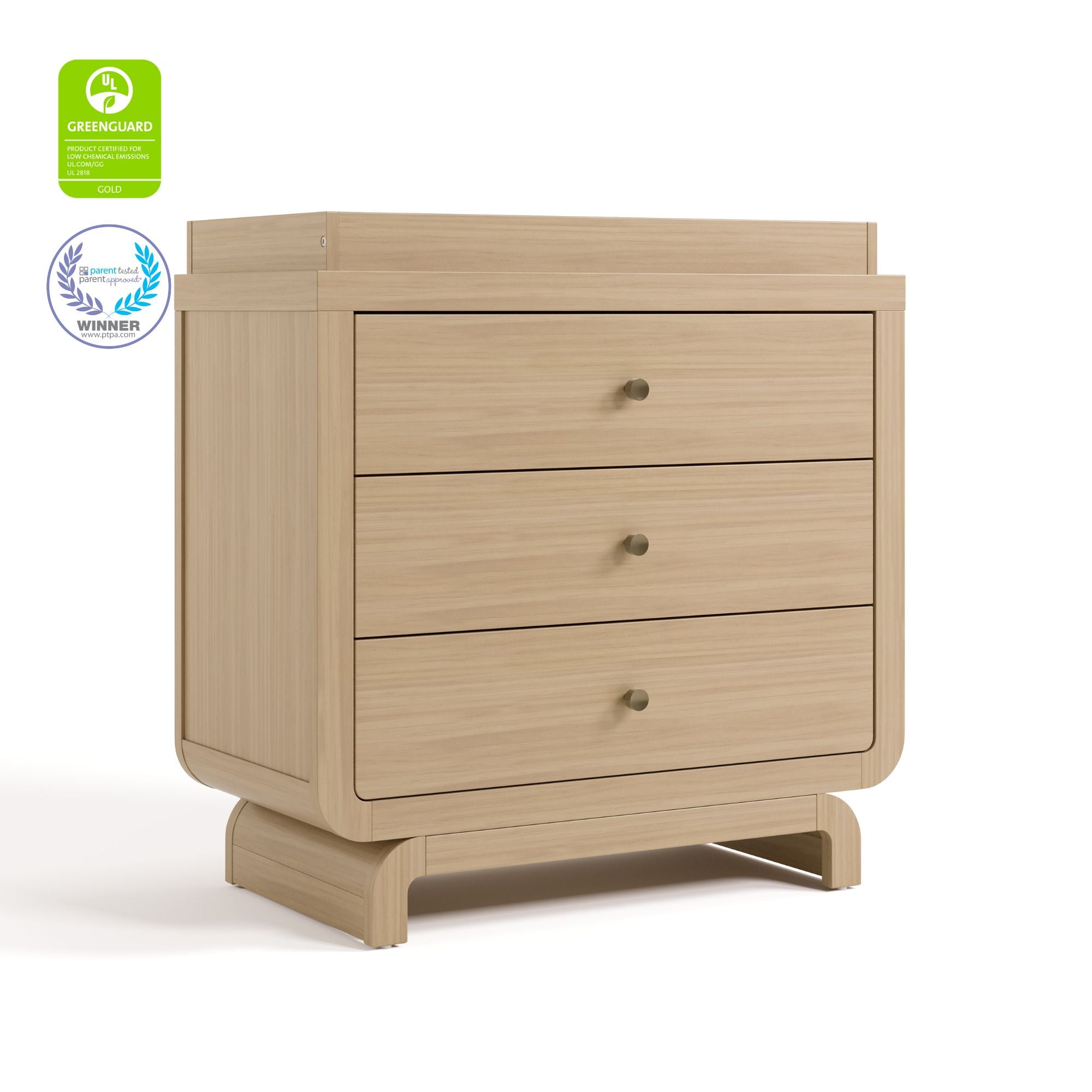 Santorini driftwood 3 drawer chest with changing topper with GGG and PTPA logos on top left