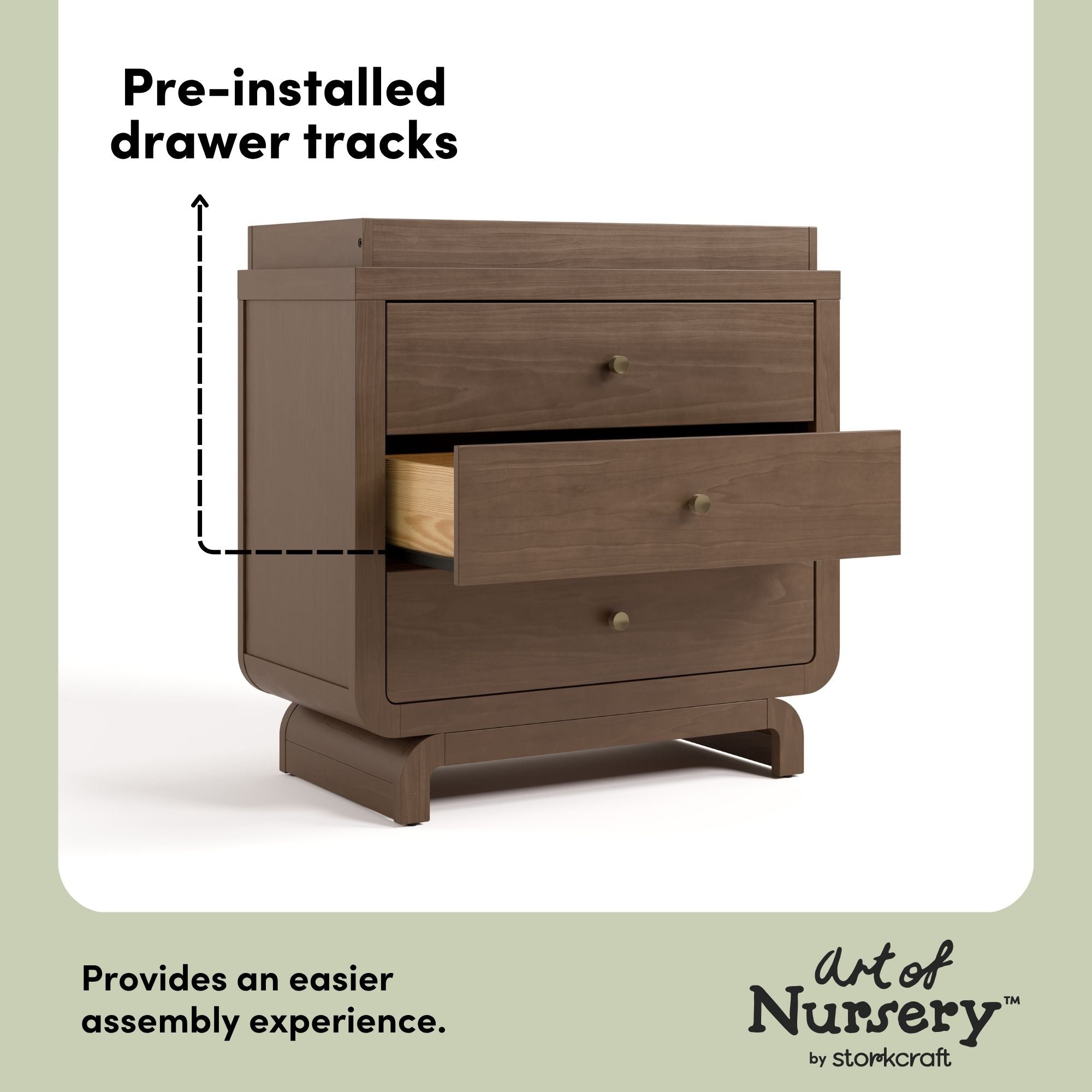 Santorini hazelnut 3 drawer chest with changing topper pre-installed drawer tracks callout
