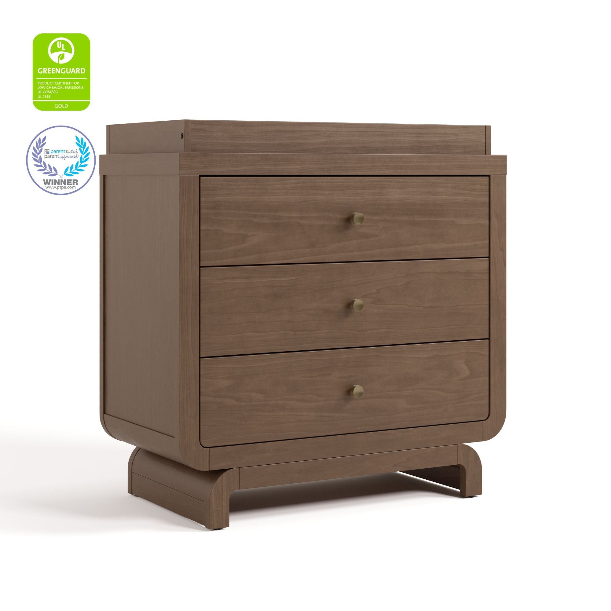 Santorini hazelnut 3 drawer chest with changing topper with GGG and PTPA logos on top left