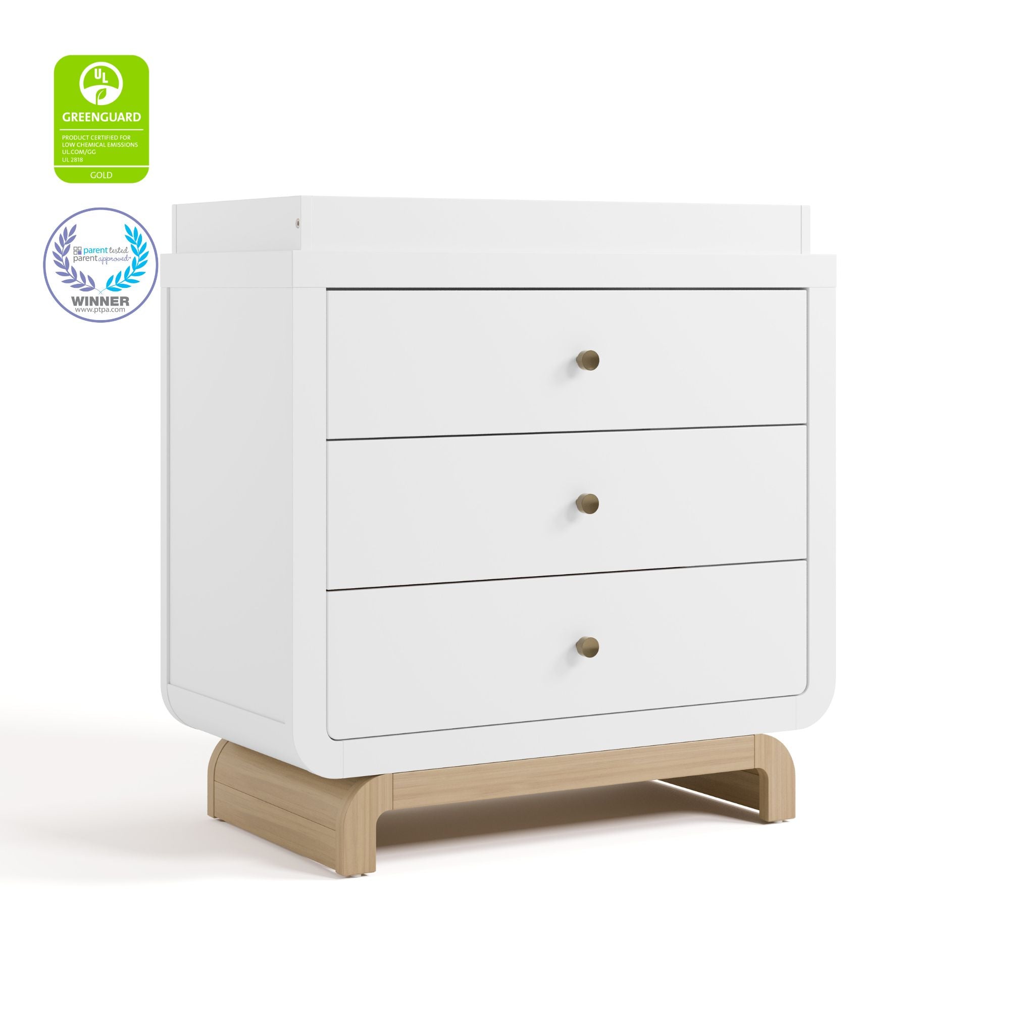 Santorini white with driftwood 3 drawer chest with changing topper with GGG and PTPA logos on top left