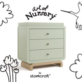 Santorini sage with driftwood 3 drawer chest with changing topper with black doodles overlaid on image