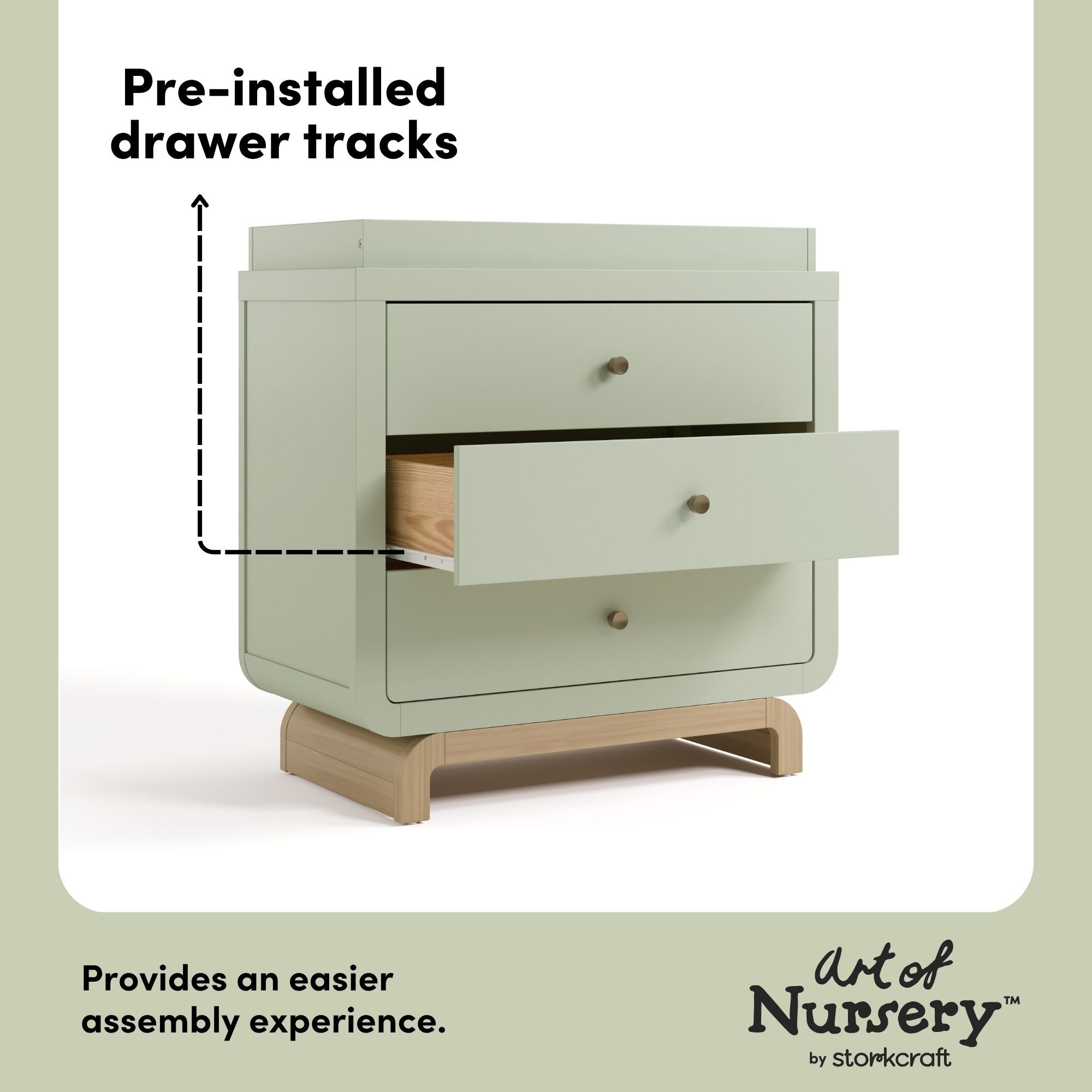 Santorini sage with driftwood 3 drawer chest with changing topper pre-installed drawer tracks callout