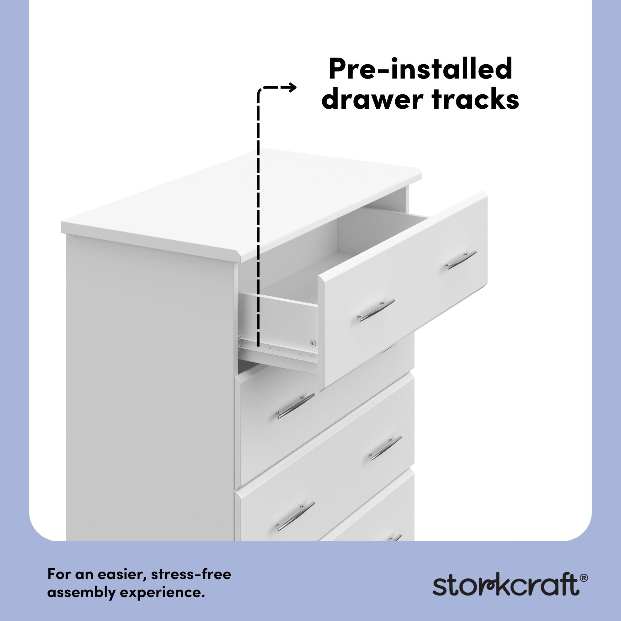 Brookside white 4 drawer dresser pre-installed drawer tracks callout