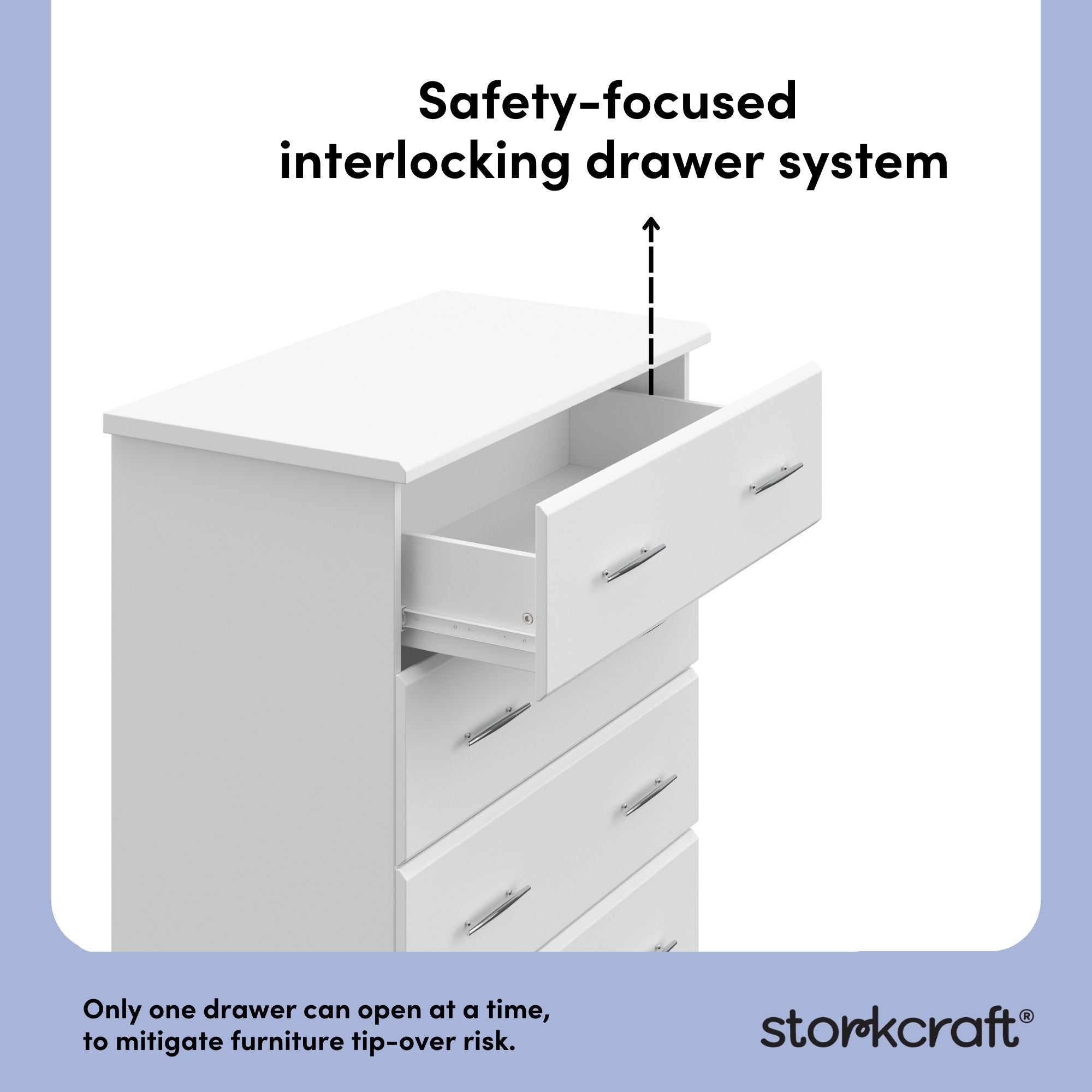 Brookside white 4 drawer dresser interlocking drawers callout
