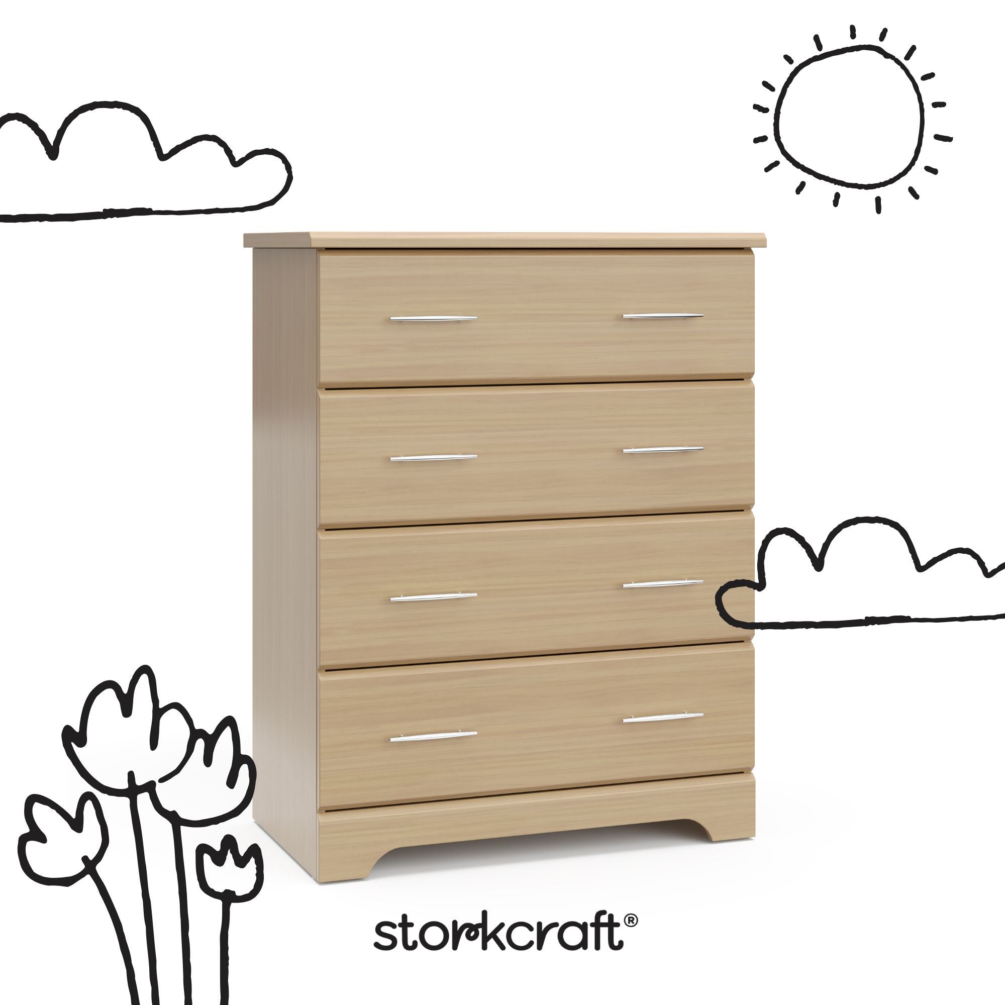 Brookside driftwood 4 drawer dresser with black doodles overlaid on image