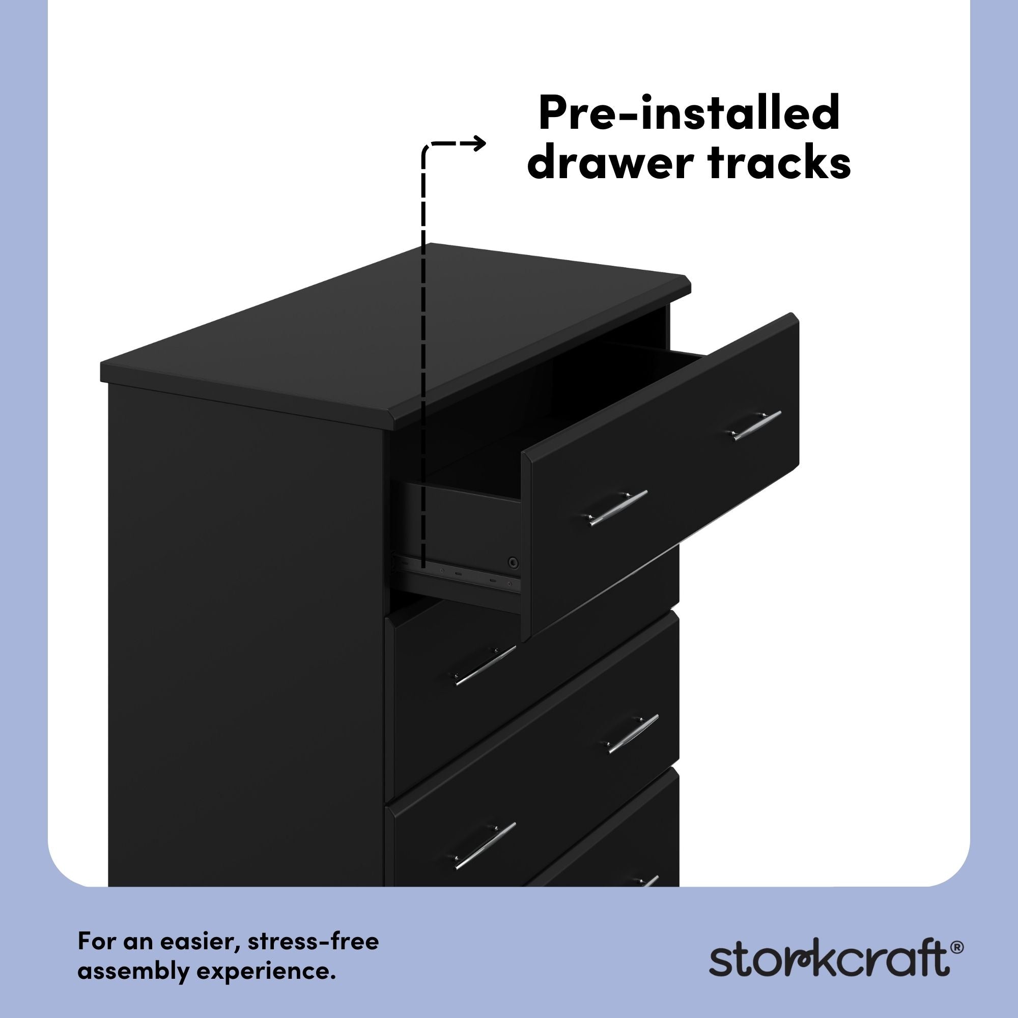 Brookside black 4 drawer dresser pre-installed drawer tracks callout