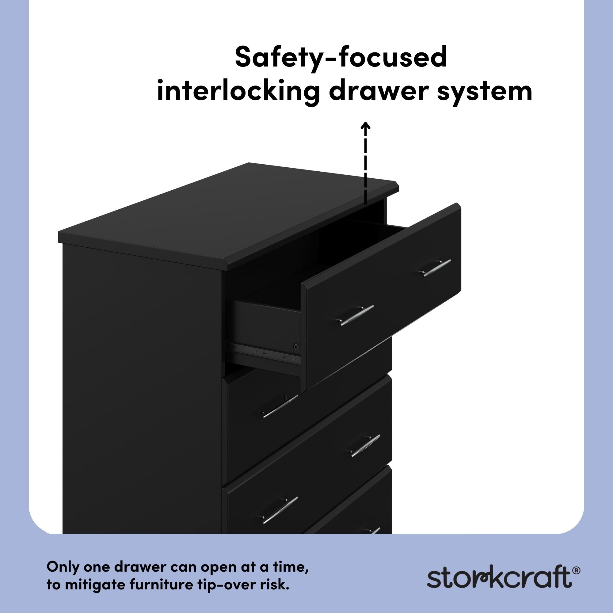 Brookside black 4 drawer dresser interlocking drawers callout