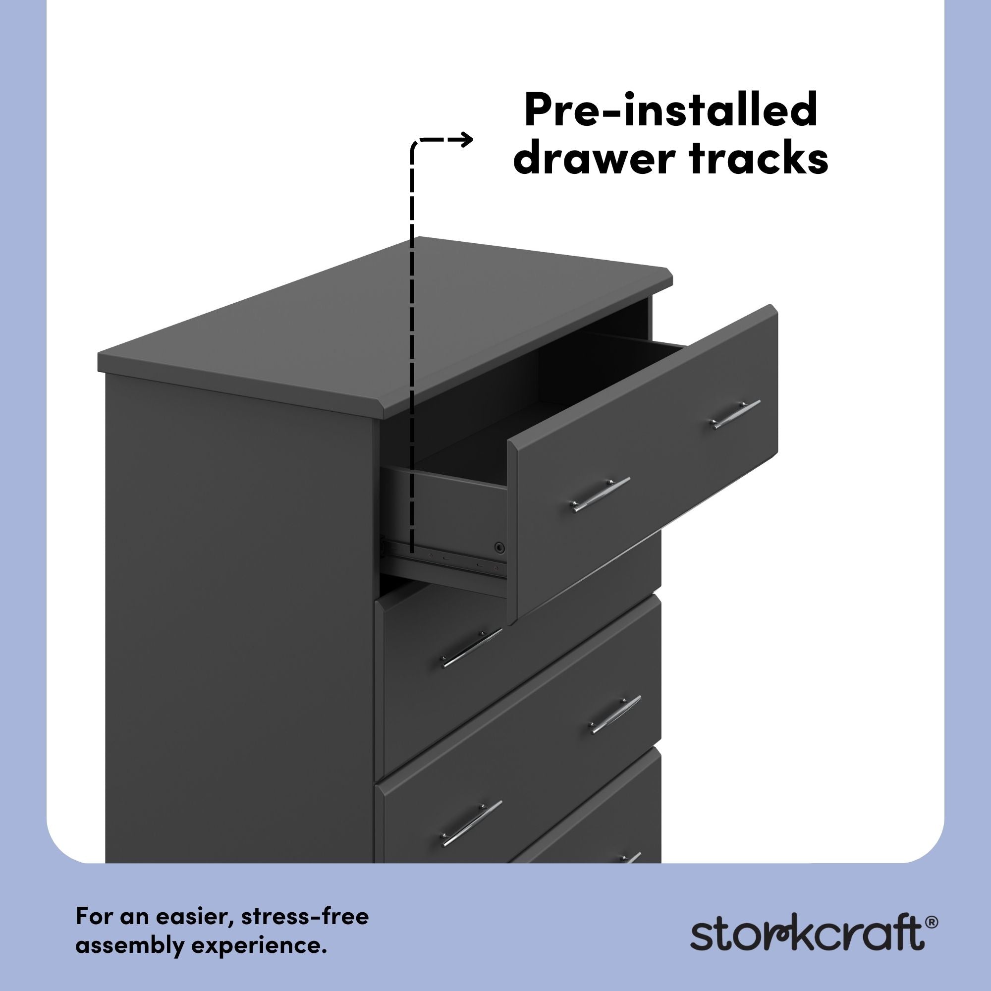 Brookside gray 4 drawer dresser pre-installed drawer tracks callout