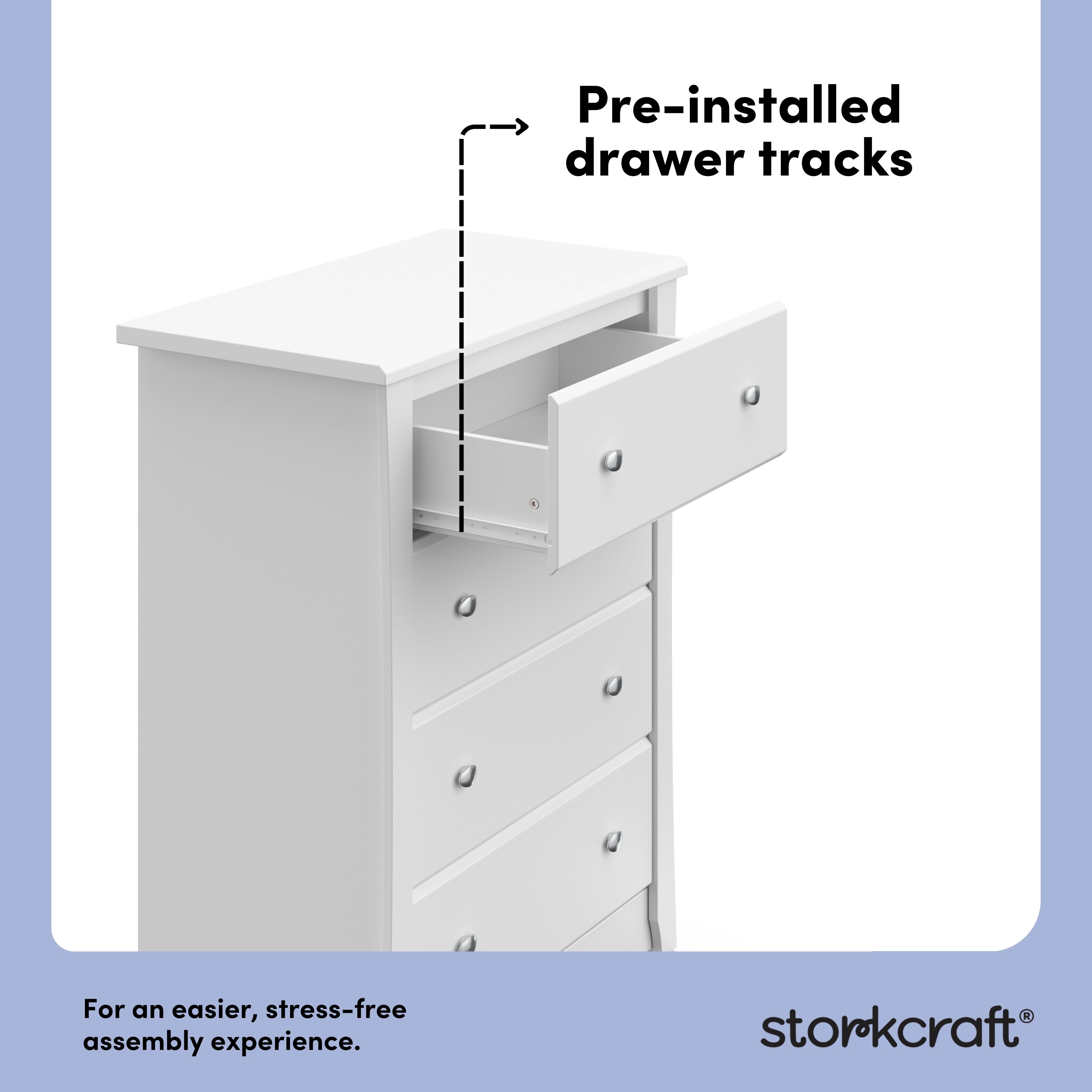 Crescent white 4 drawer dresser pre-installed drawer tracks callout