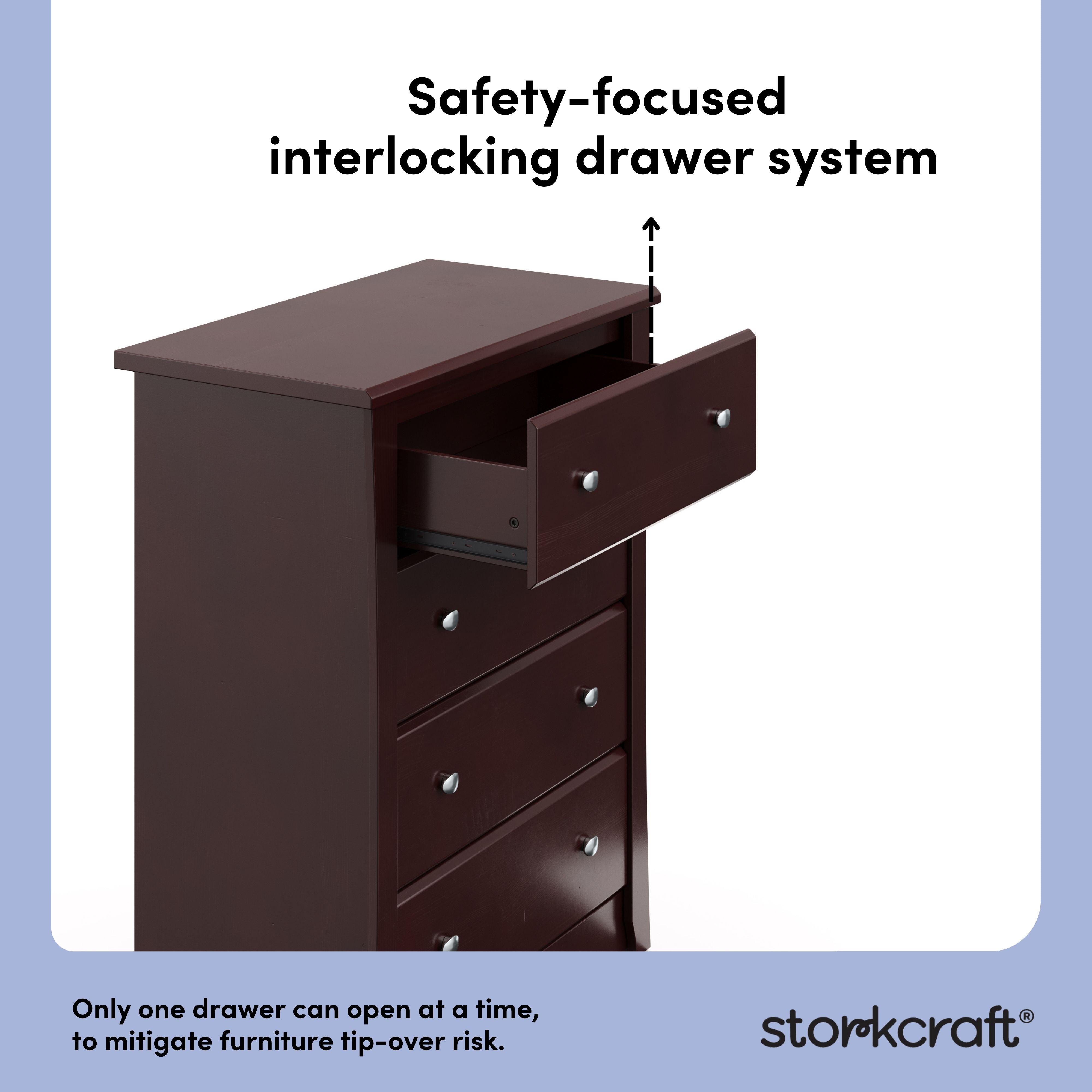 Crescent espresso 4 drawer dresser interlocking drawers callout