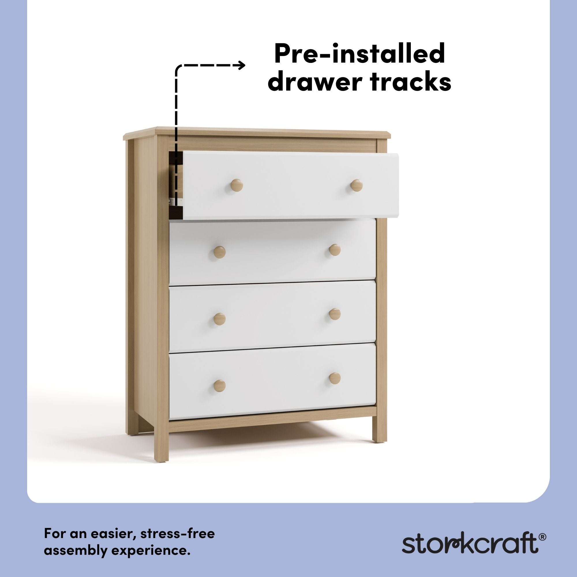 alpine driftwood with white 4 drawer dresser pre-installed drawer tracks callout
