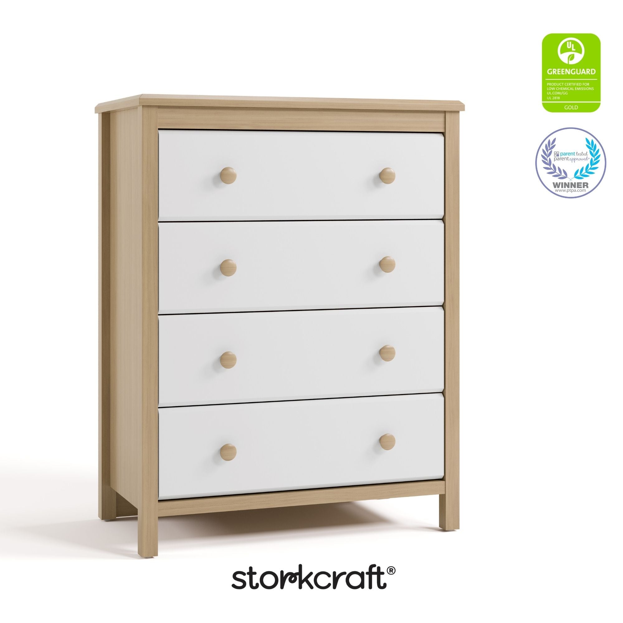 alpine driftwood with white 4 drawer dresser with GGG and PTPA logos on top right