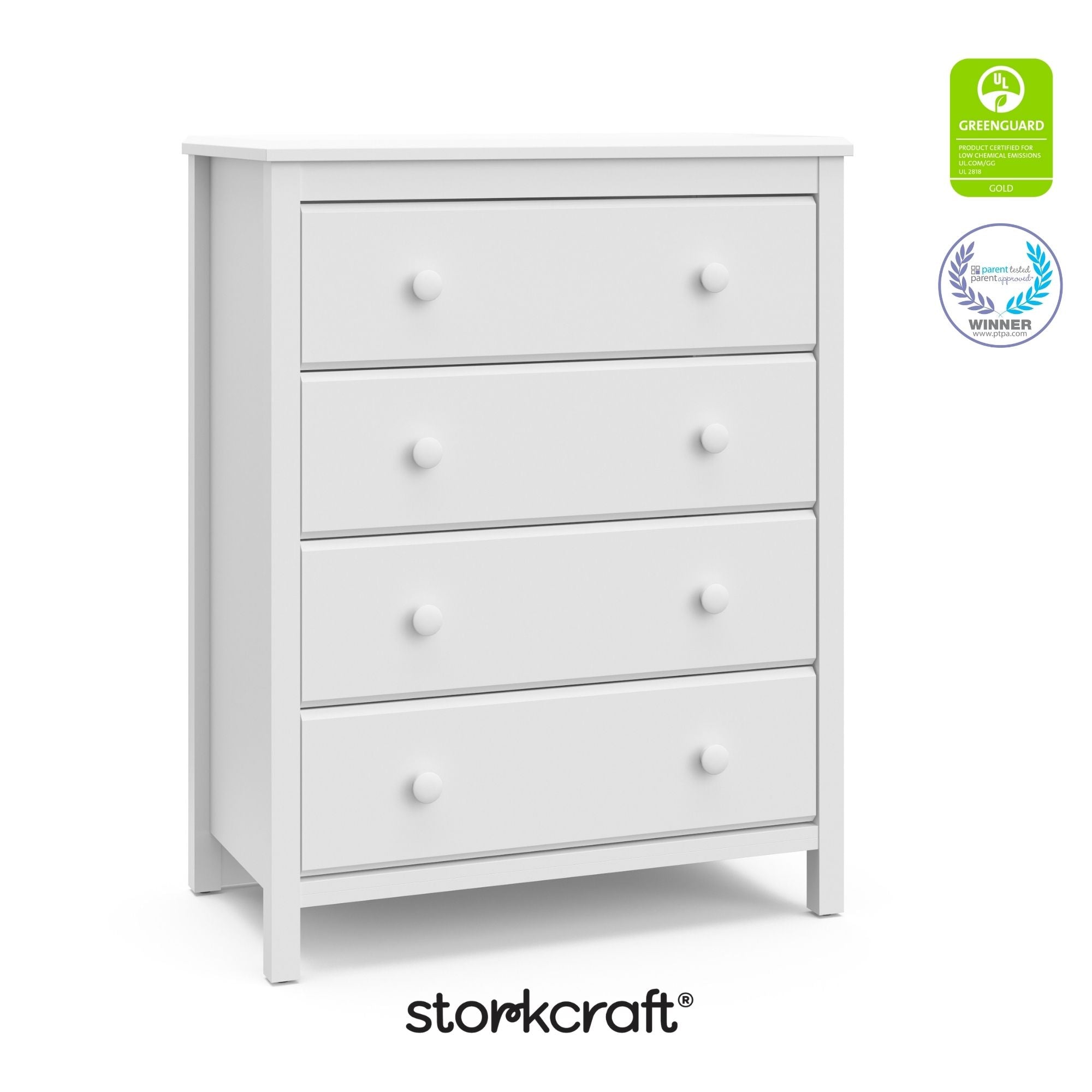 alpine white 4 drawer dresser with GGG and PTPA logos on top right