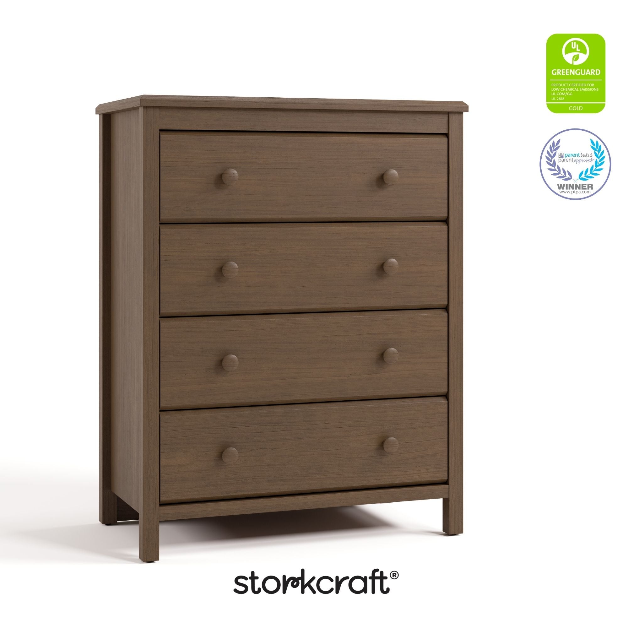 alpine hazelnut 4 drawer dresser with GGG and PTPA logos on top right