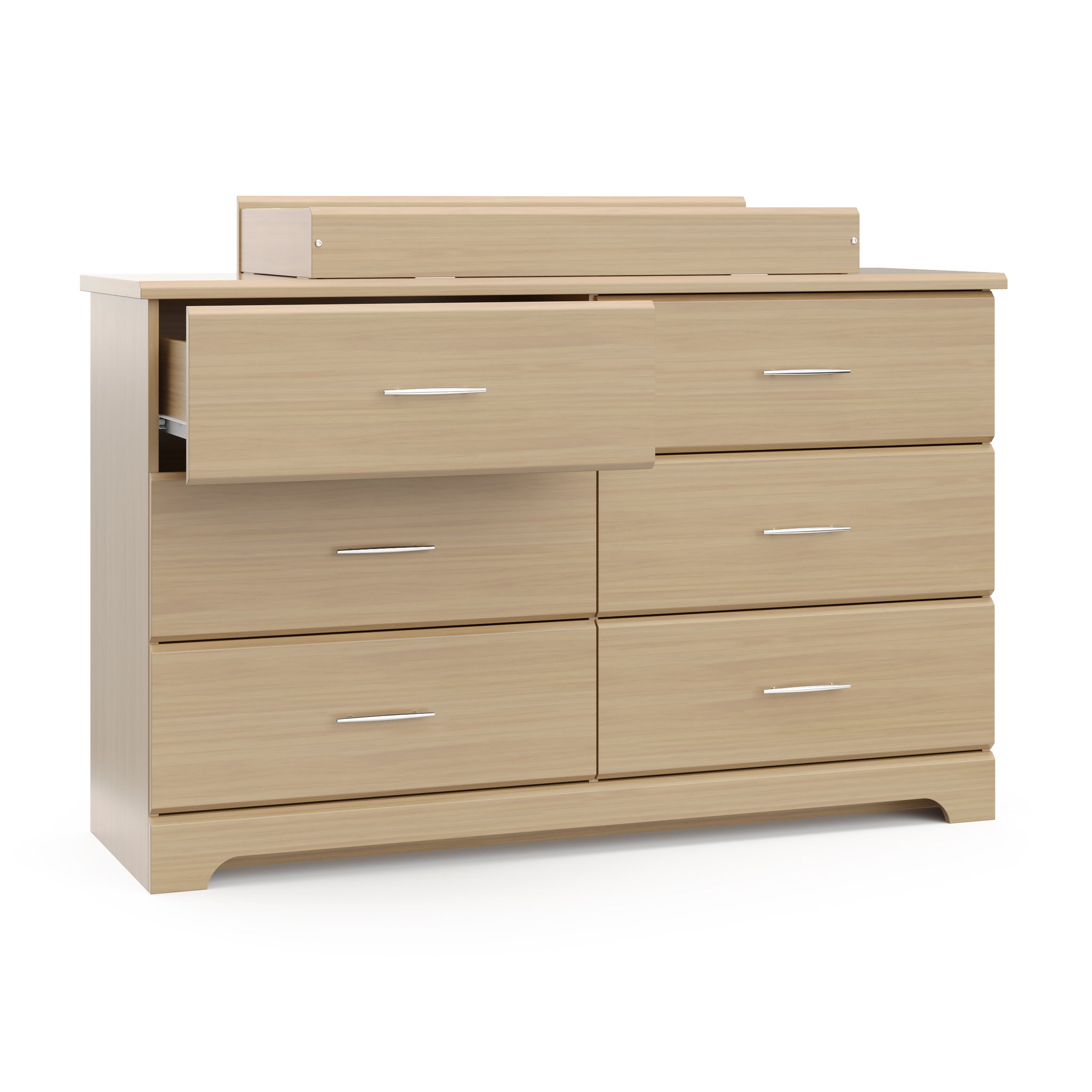 Driftwood 6 drawer dresser with open drawer with changing topper