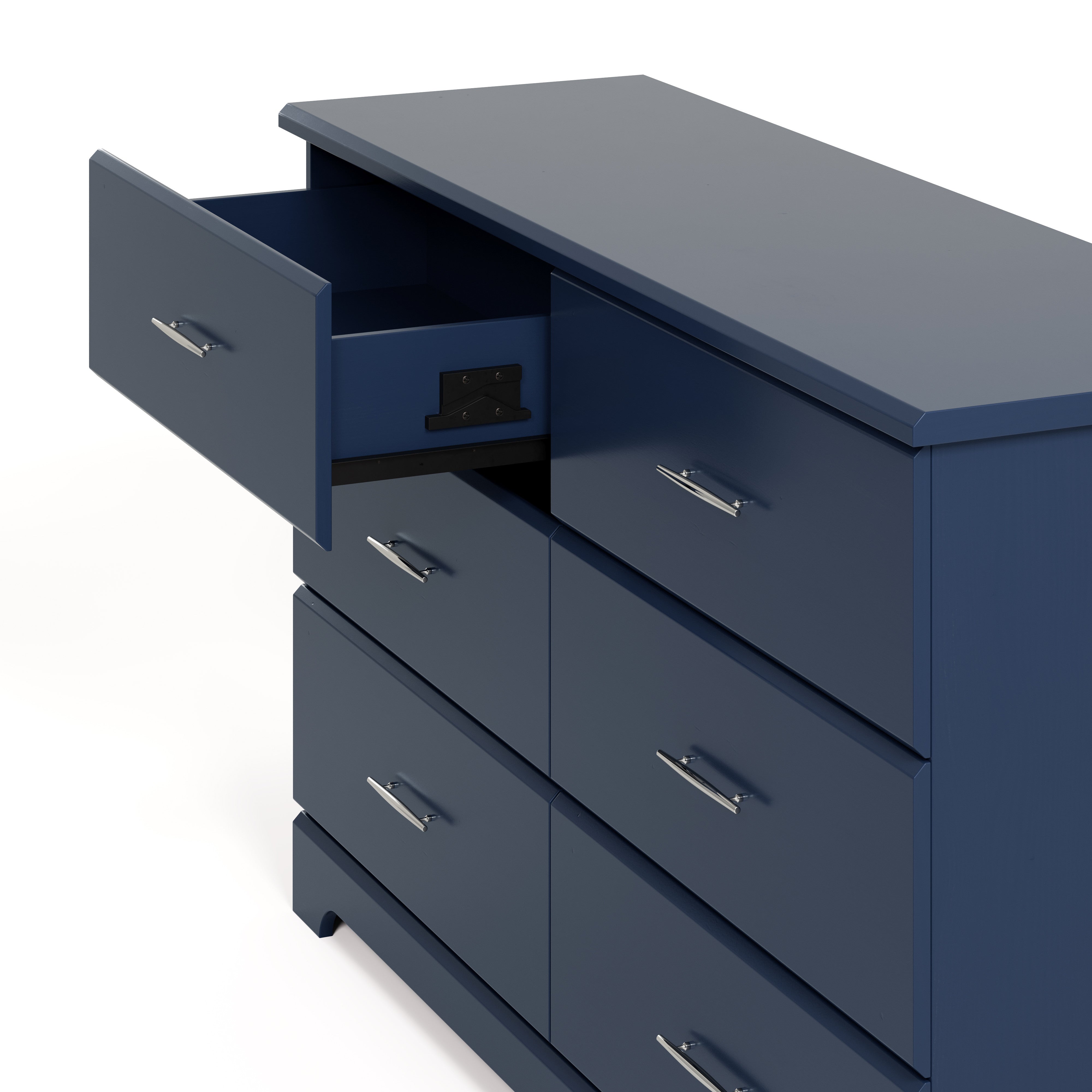 Brookside midnight blue 6 drawer dresser with top left drawer open angle view