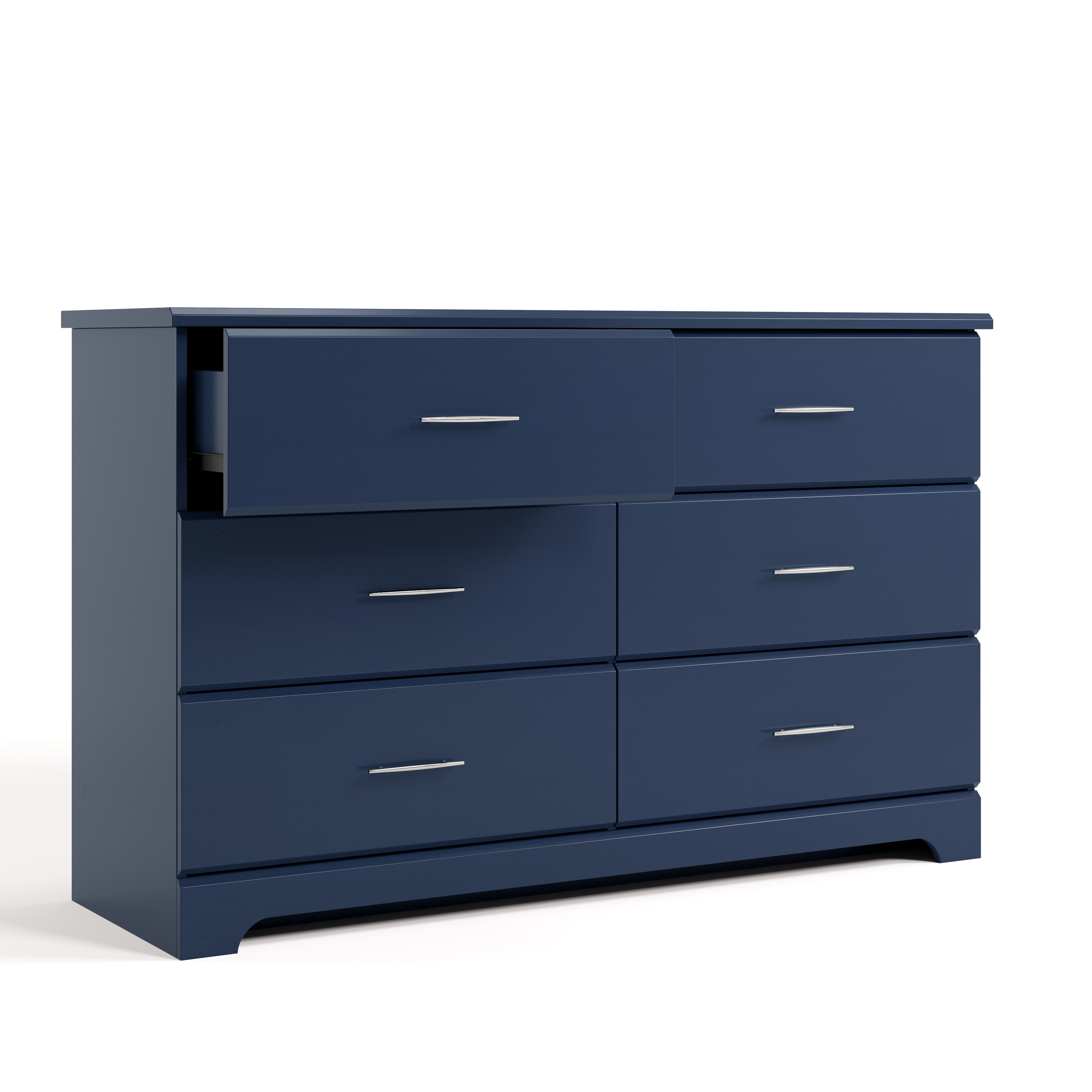 Brookside midnight blue 6 drawer dresser with top left drawer open angle view