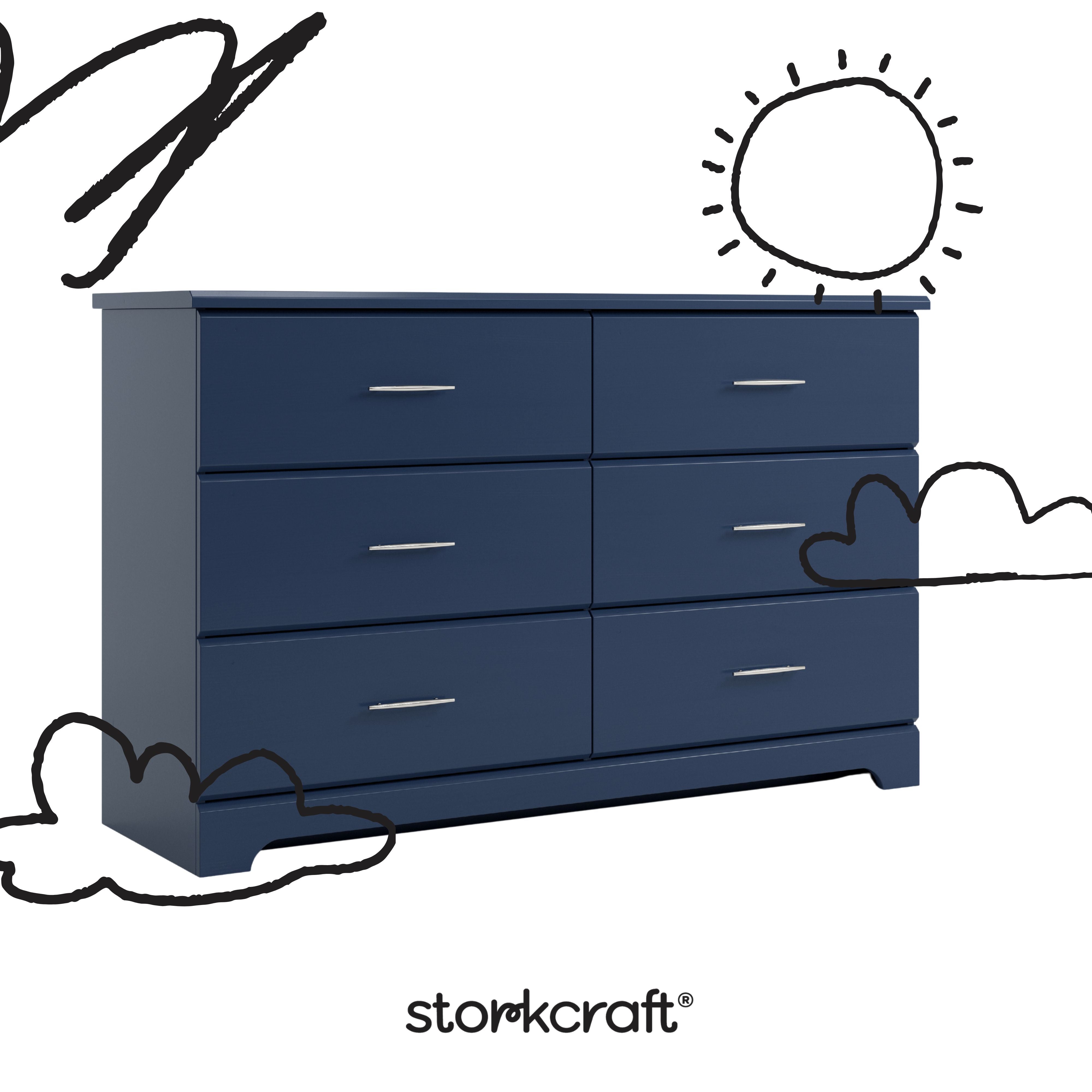 Brookside midnight blue 6 drawer dresser with black doodles overlaid on image