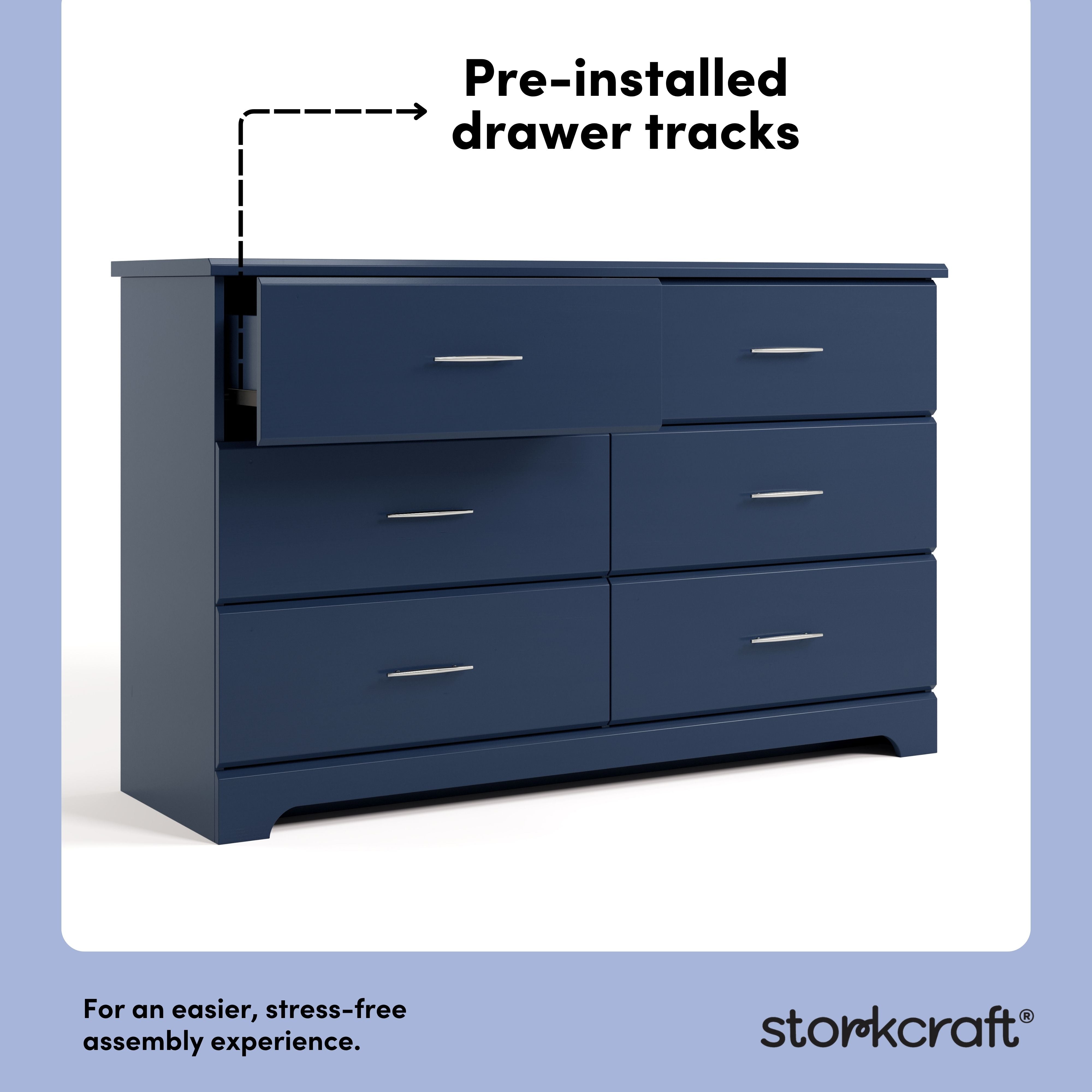 Brookside midnight blue 6 drawer dresser pre-installed drawer tracks callout
