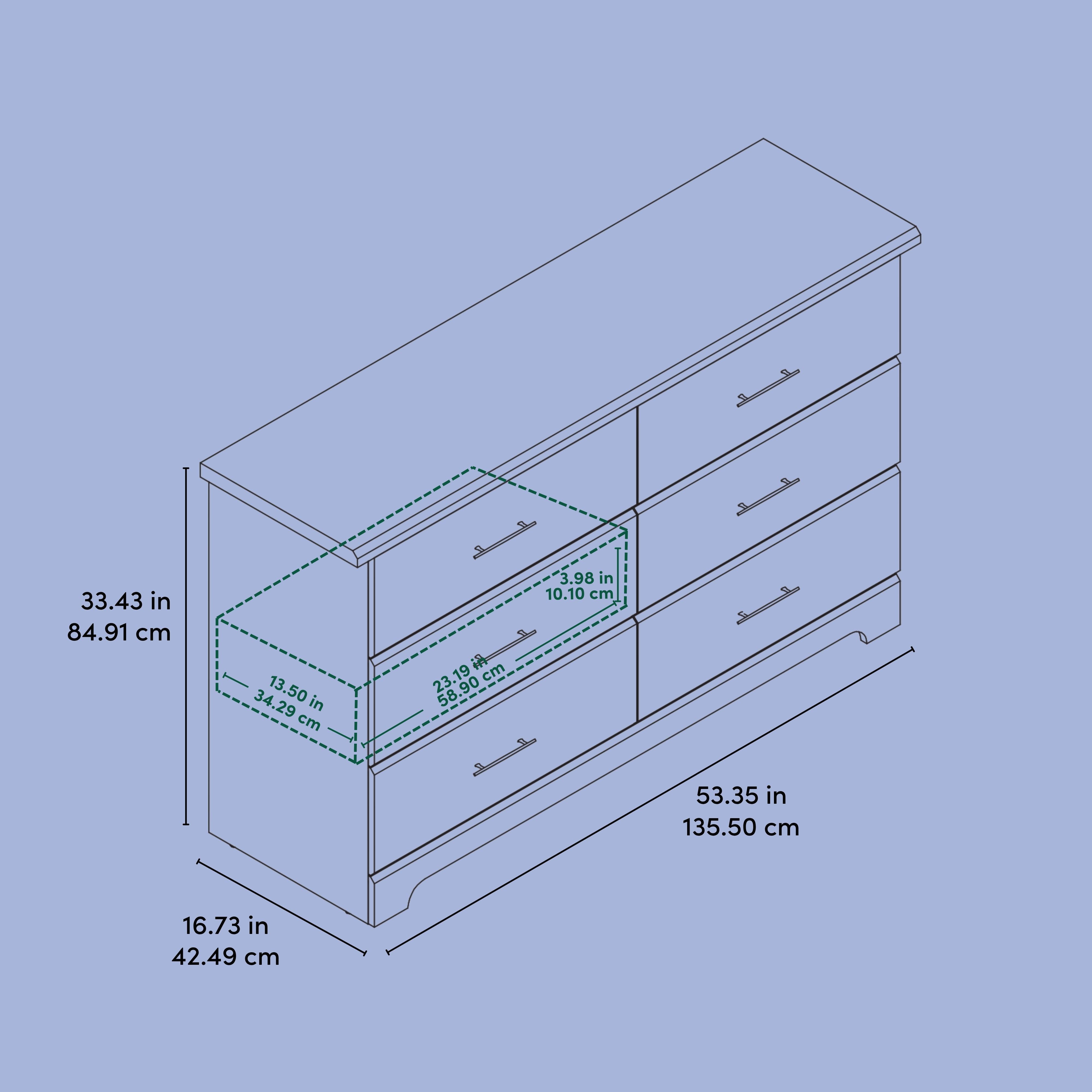 Brookside 6 drawer dresser line drawing with dimensions