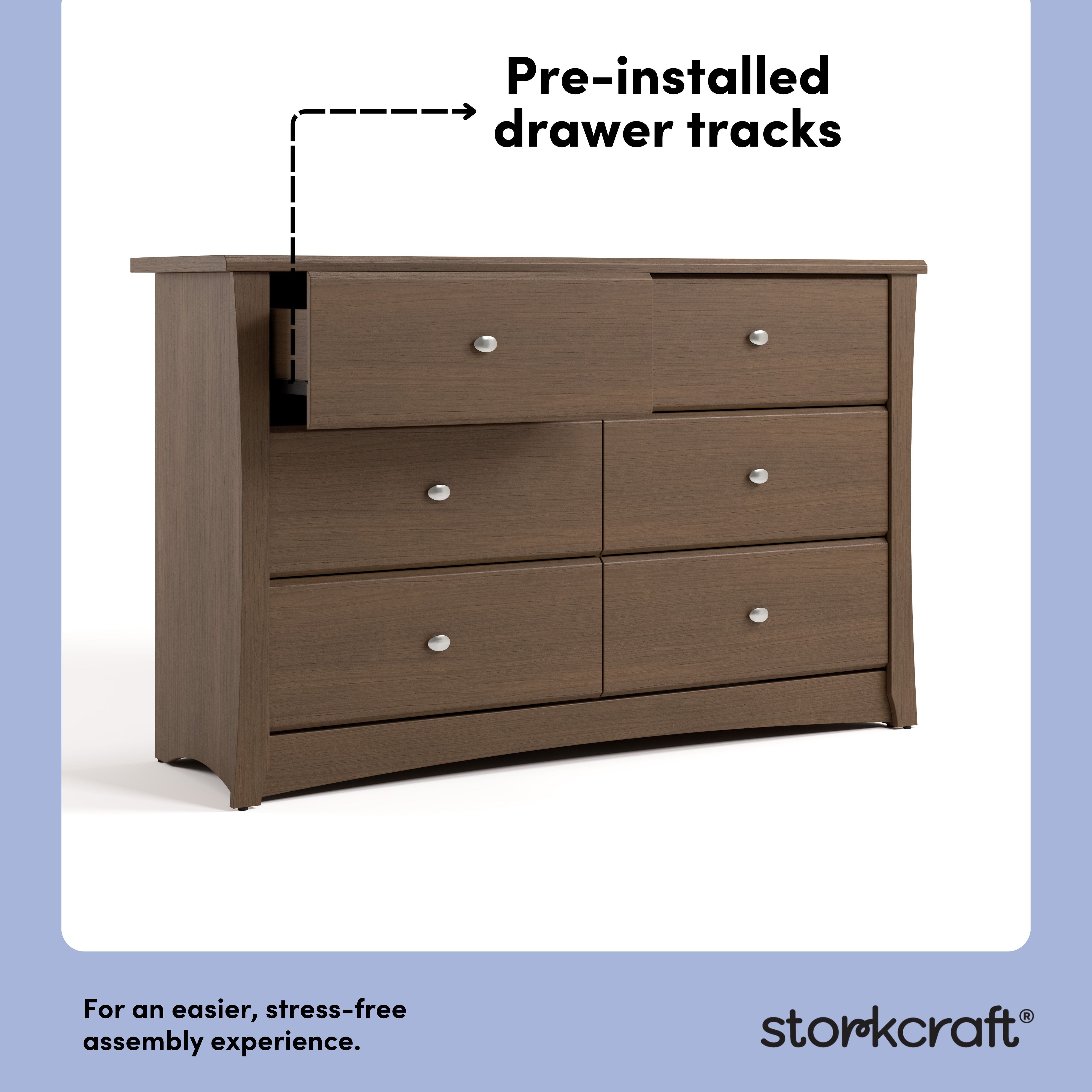 Crescent hazelnut 6 drawer dresser pre-installed drawer tracks callout