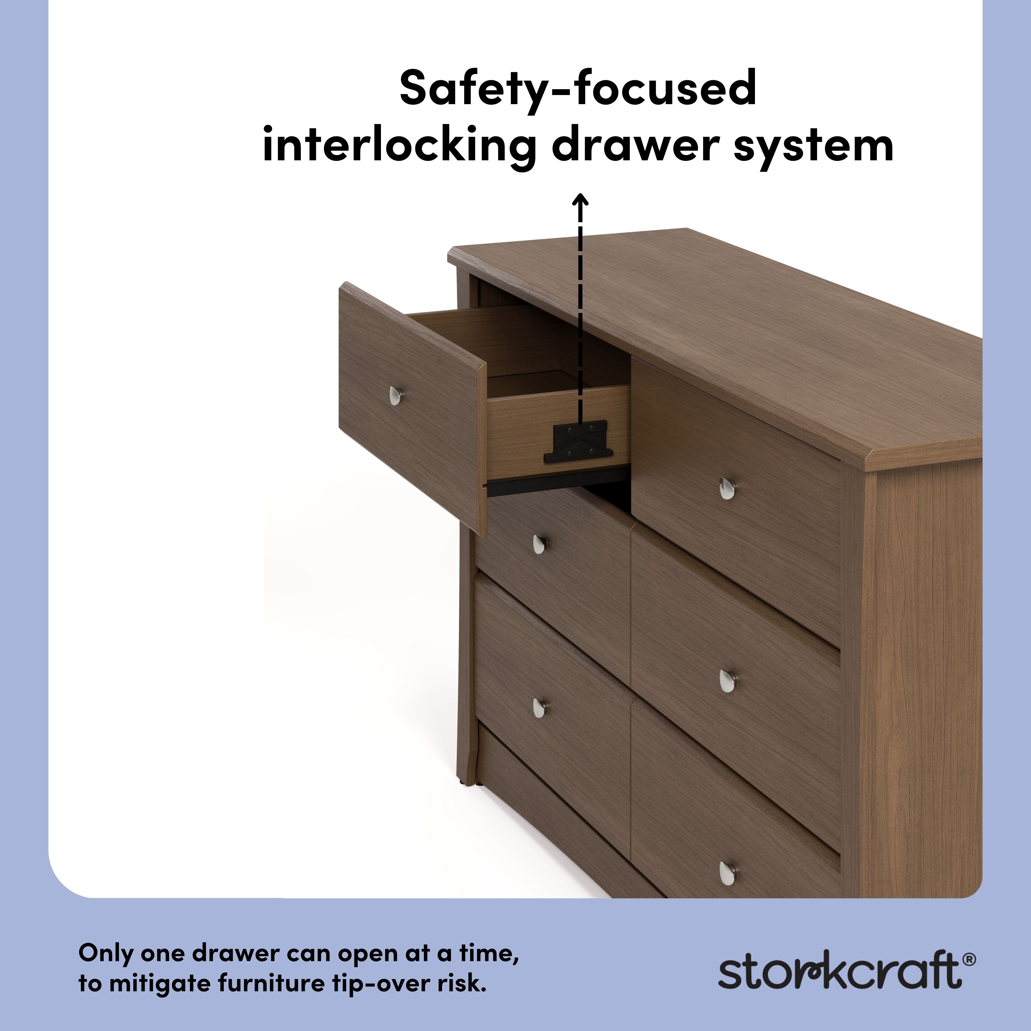 Crescent hazelnut 6 drawer dresser interlocking drawer system callout