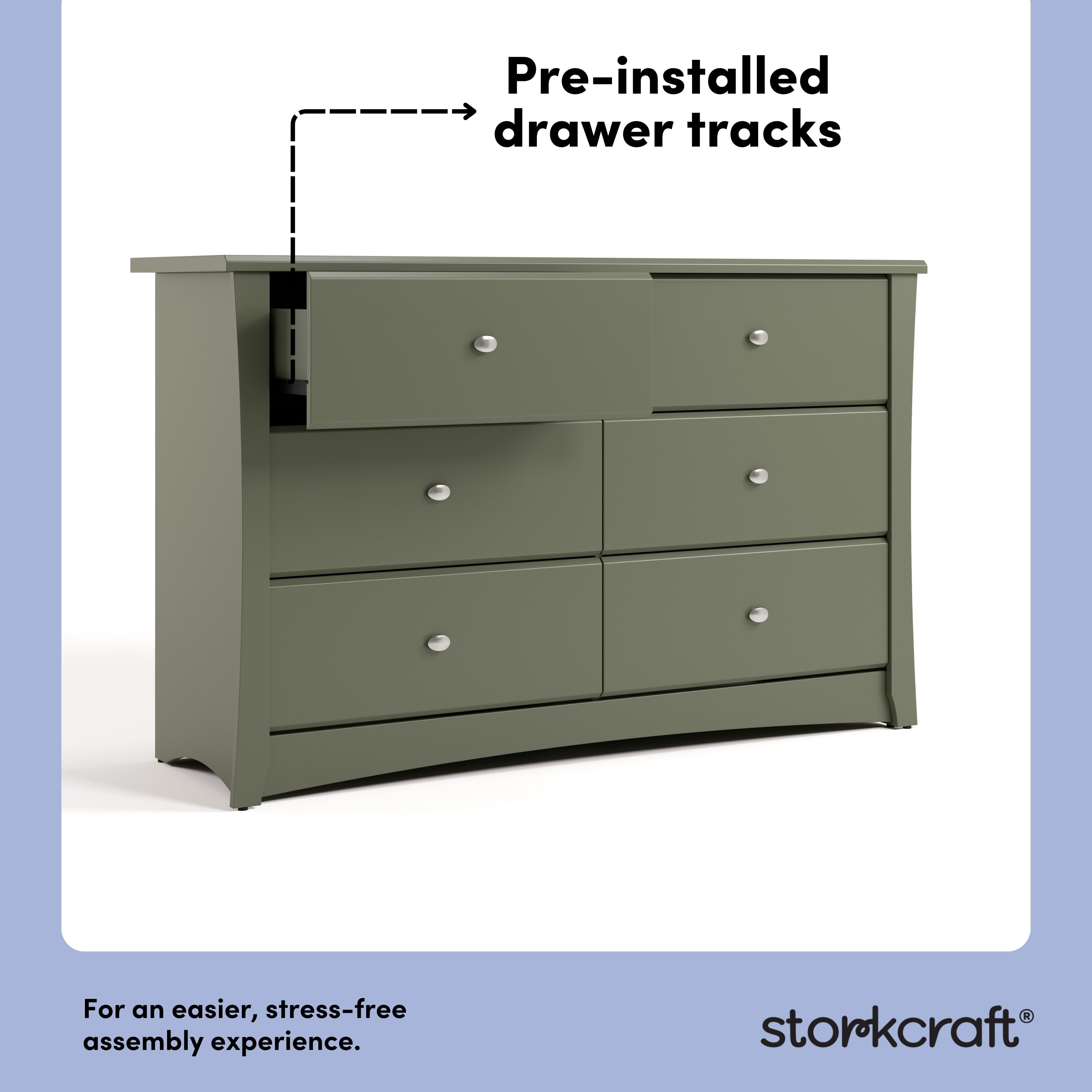Crescent olive 6 drawer dresser pre-installed drawer tracks callout