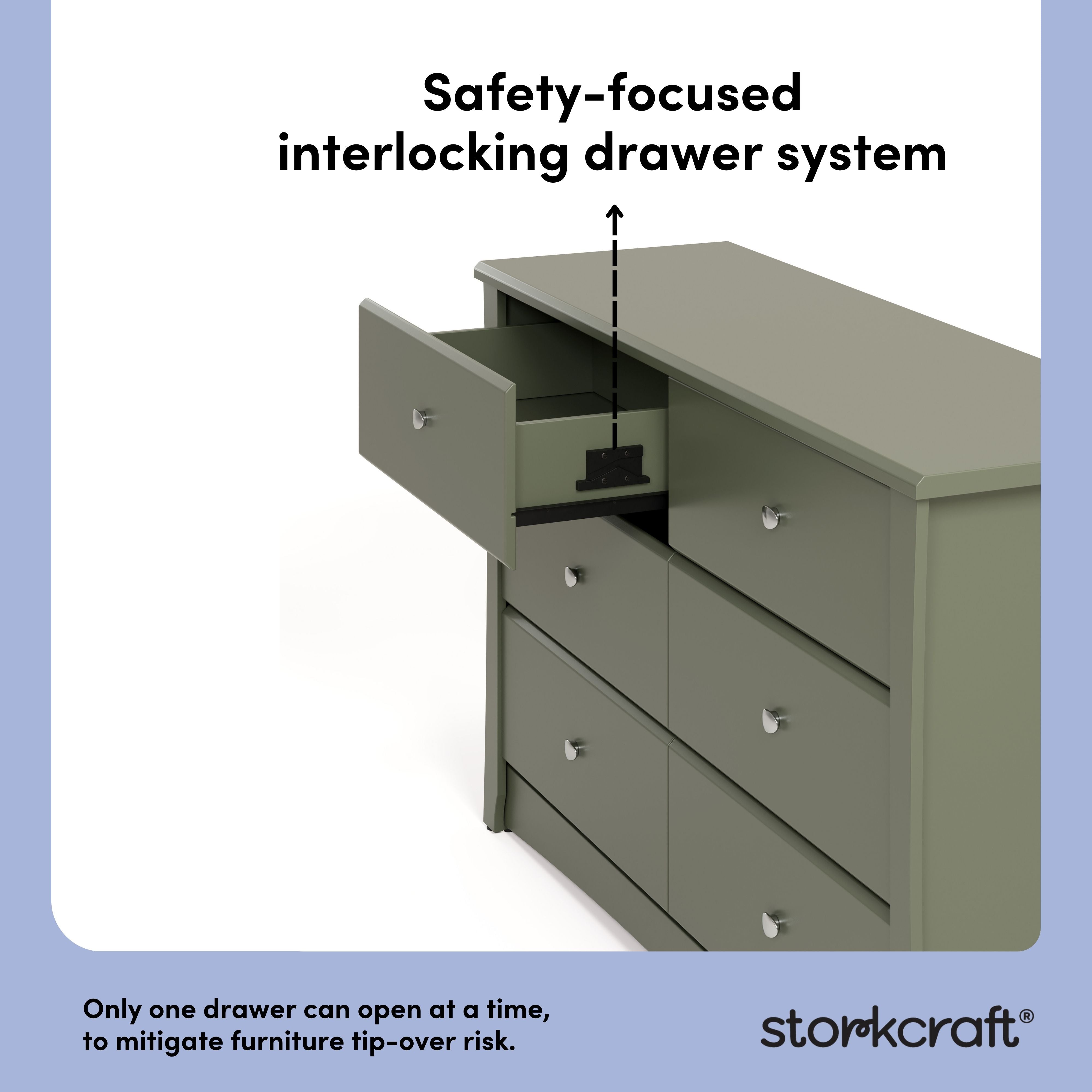 Crescent olive 6 drawer dresser interlocking drawer system callout
