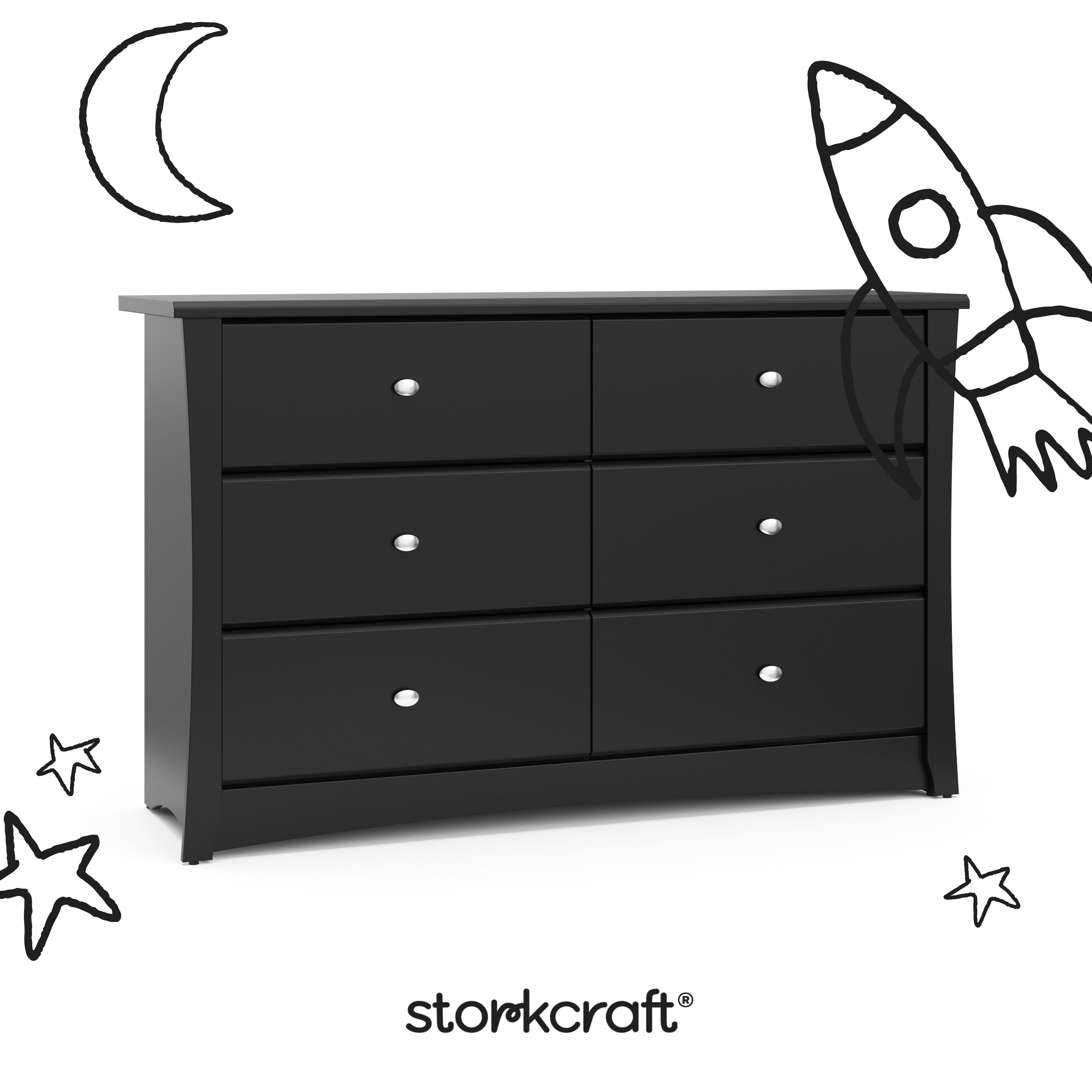 Crescent black 6 drawer dresser with black doodles overlaid on image