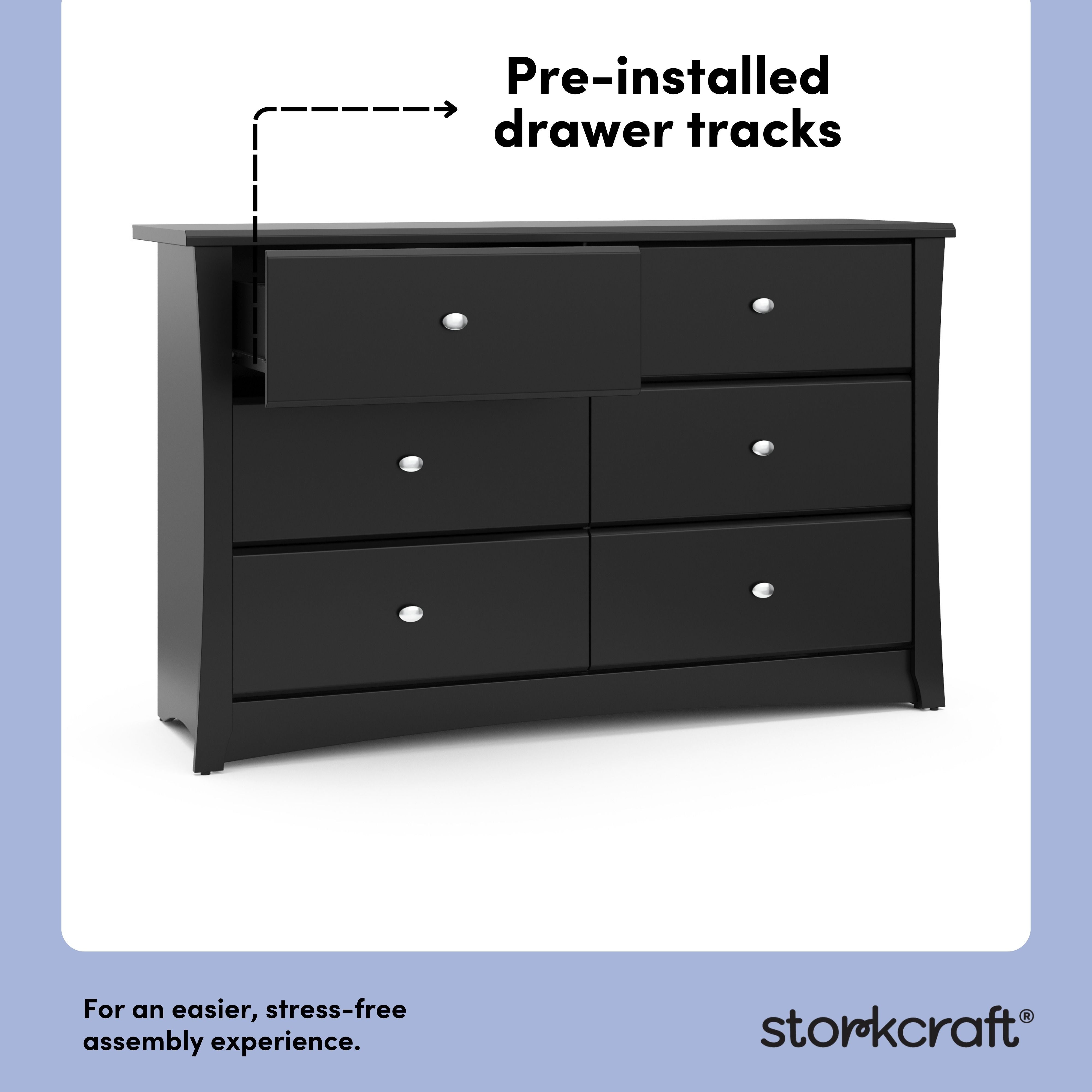 Crescent black 6 drawer dresser pre-installed drawer tracks callout