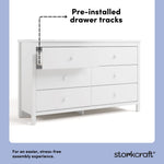 alpine white 6 drawer dresser angle view pre-installed drawer tracks callout