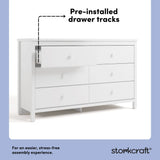 alpine white 6 drawer dresser angle view pre-installed drawer tracks callout