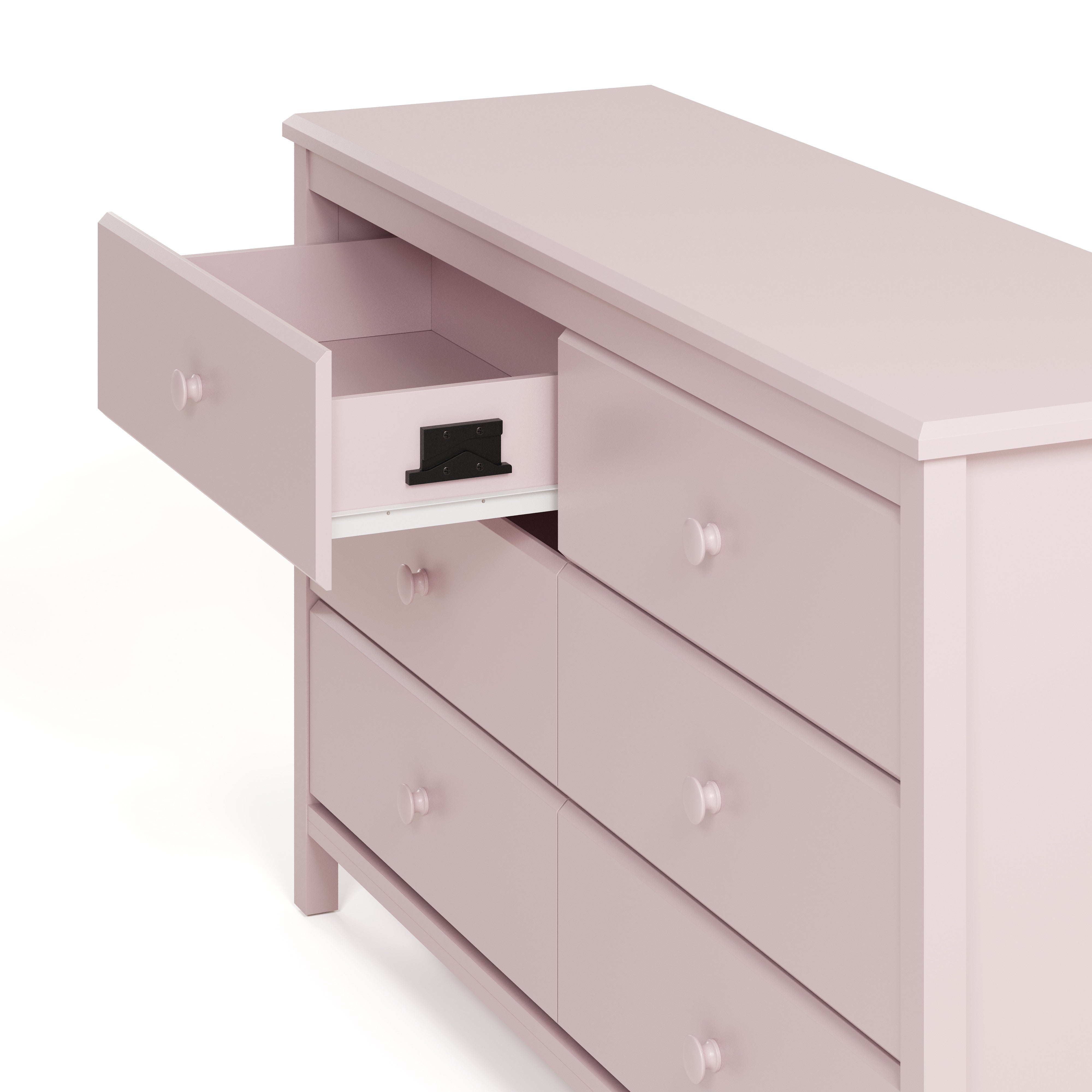 Alpine blush 6 drawer dresser with top left drawer open showing interlocking drawer mechanism