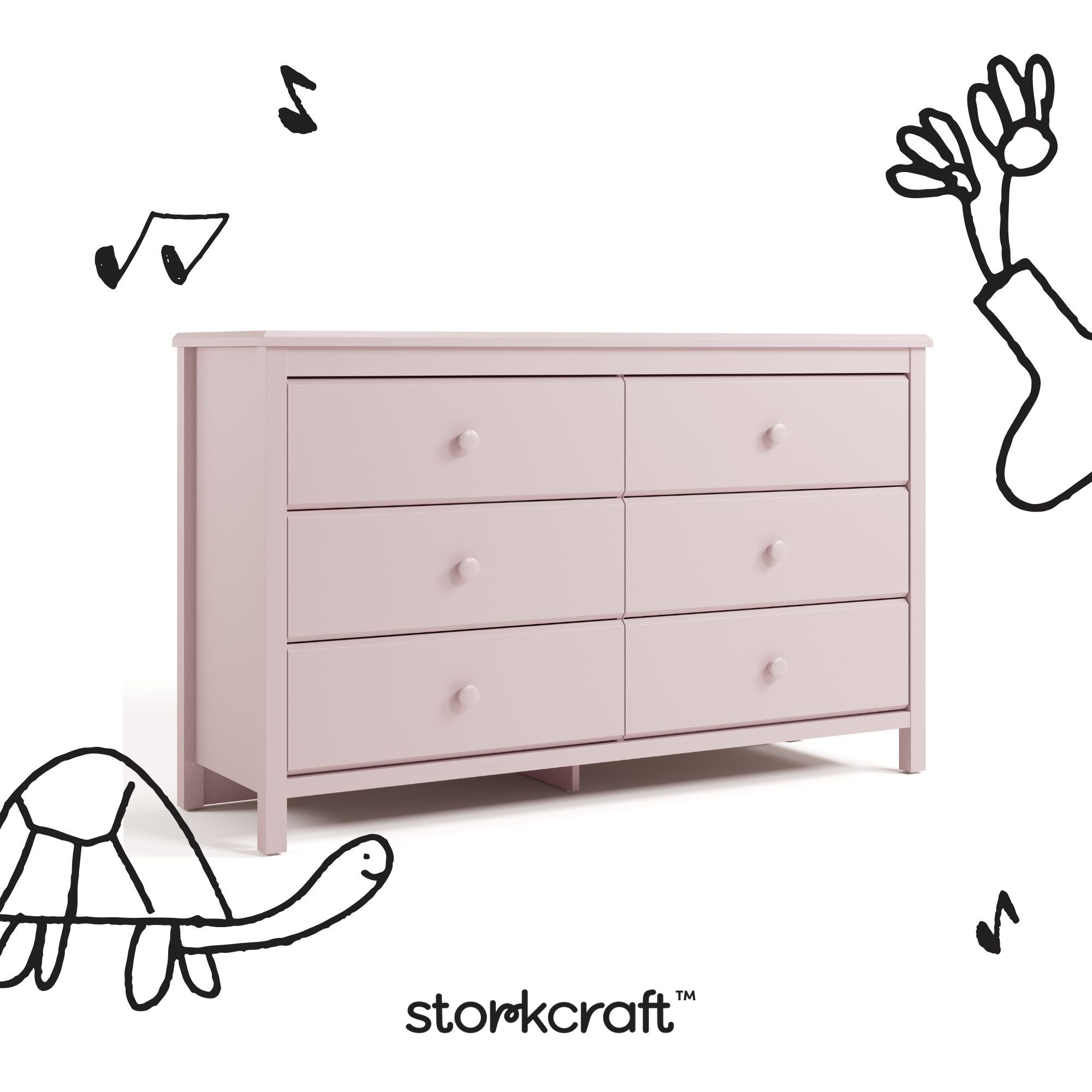 Alpine blush 6 drawer dresser with black doodles overlaid on image