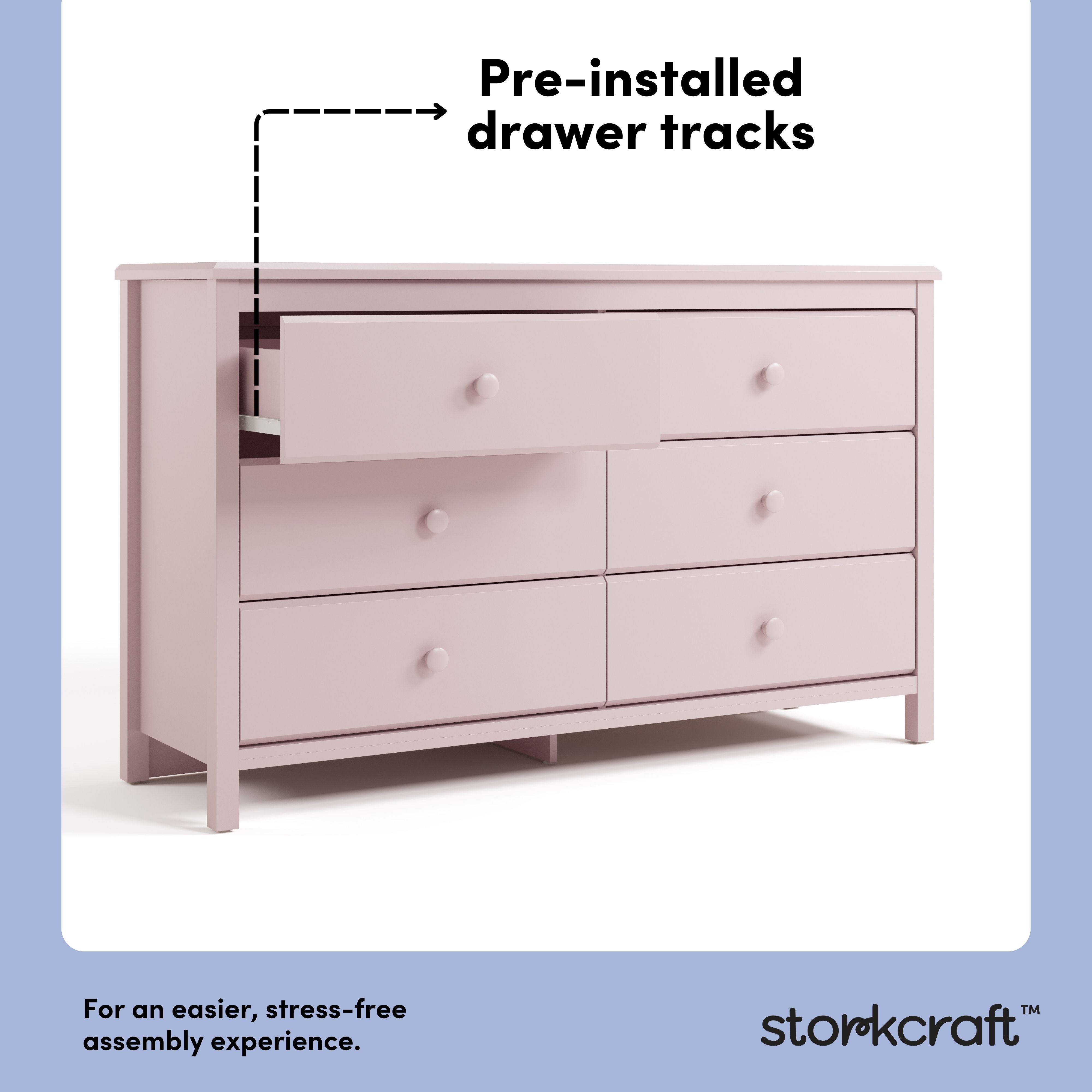 Alpine blush 6 drawer dresser pre-installed drawer tracks callout