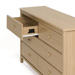 Alpine driftwood 6 drawer dresser with top left drawer open showing interlocking drawer mechanism