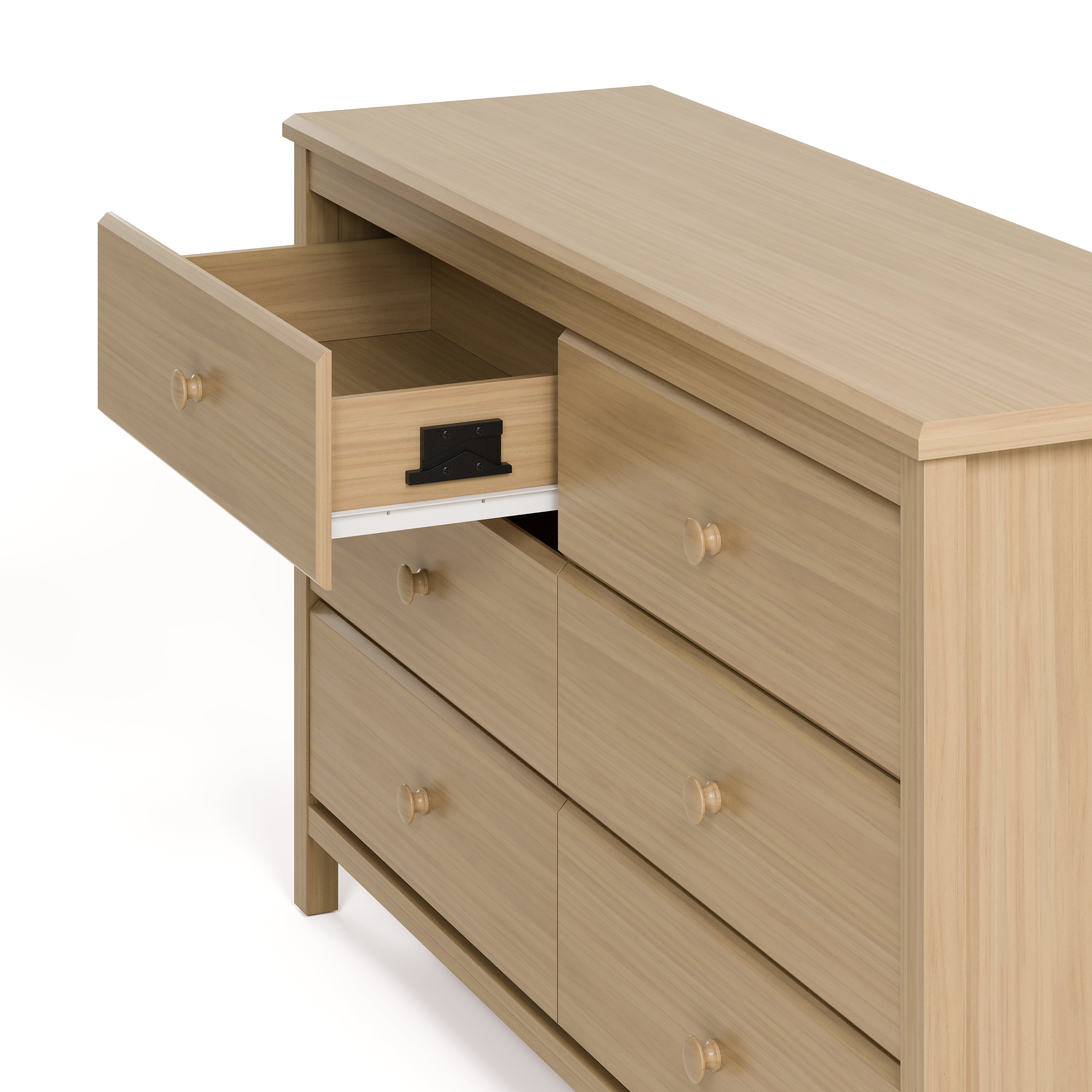 Alpine driftwood 6 drawer dresser with top left drawer open showing interlocking drawer mechanism