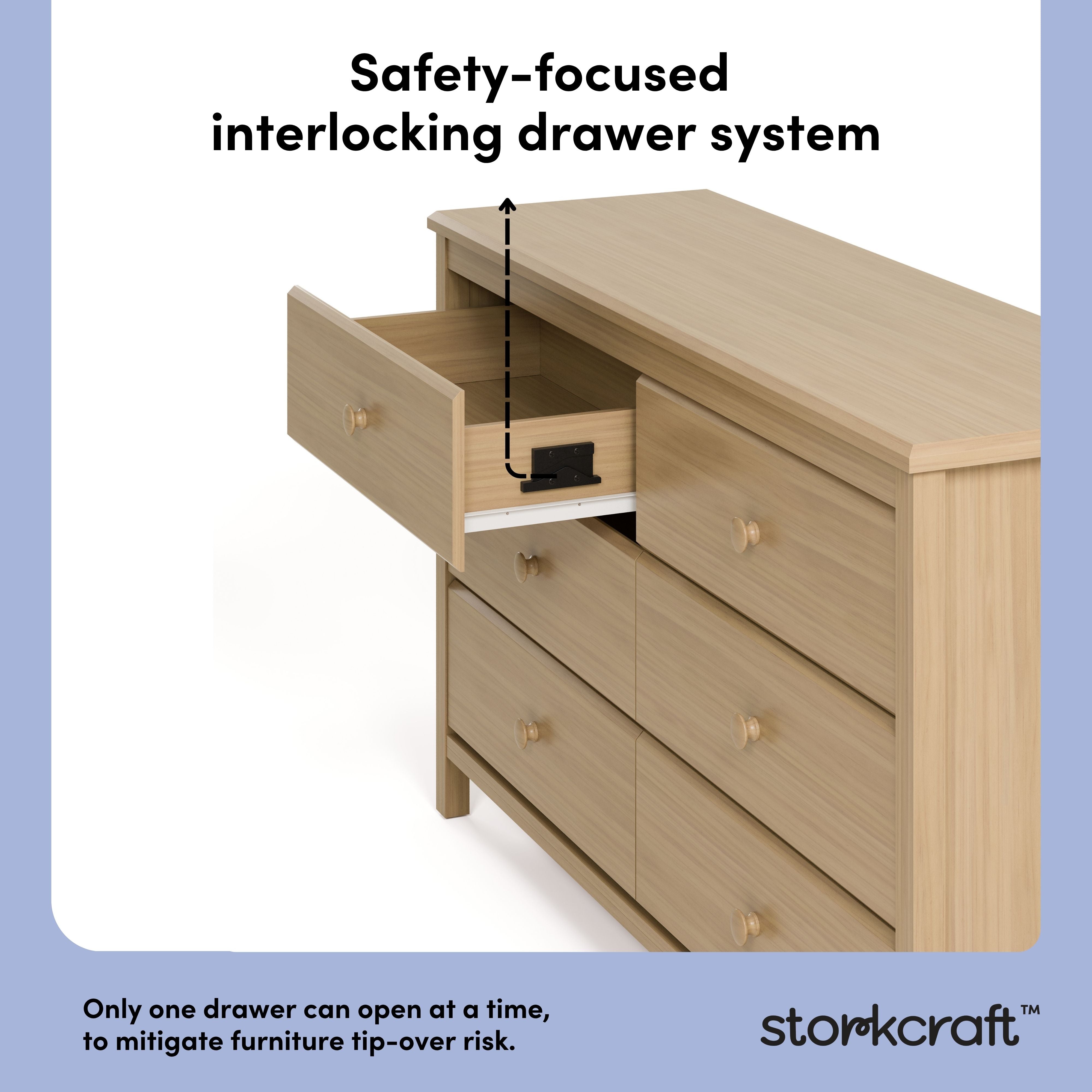 Alpine driftwood 6 drawer dresser interlocking drawer system callout
