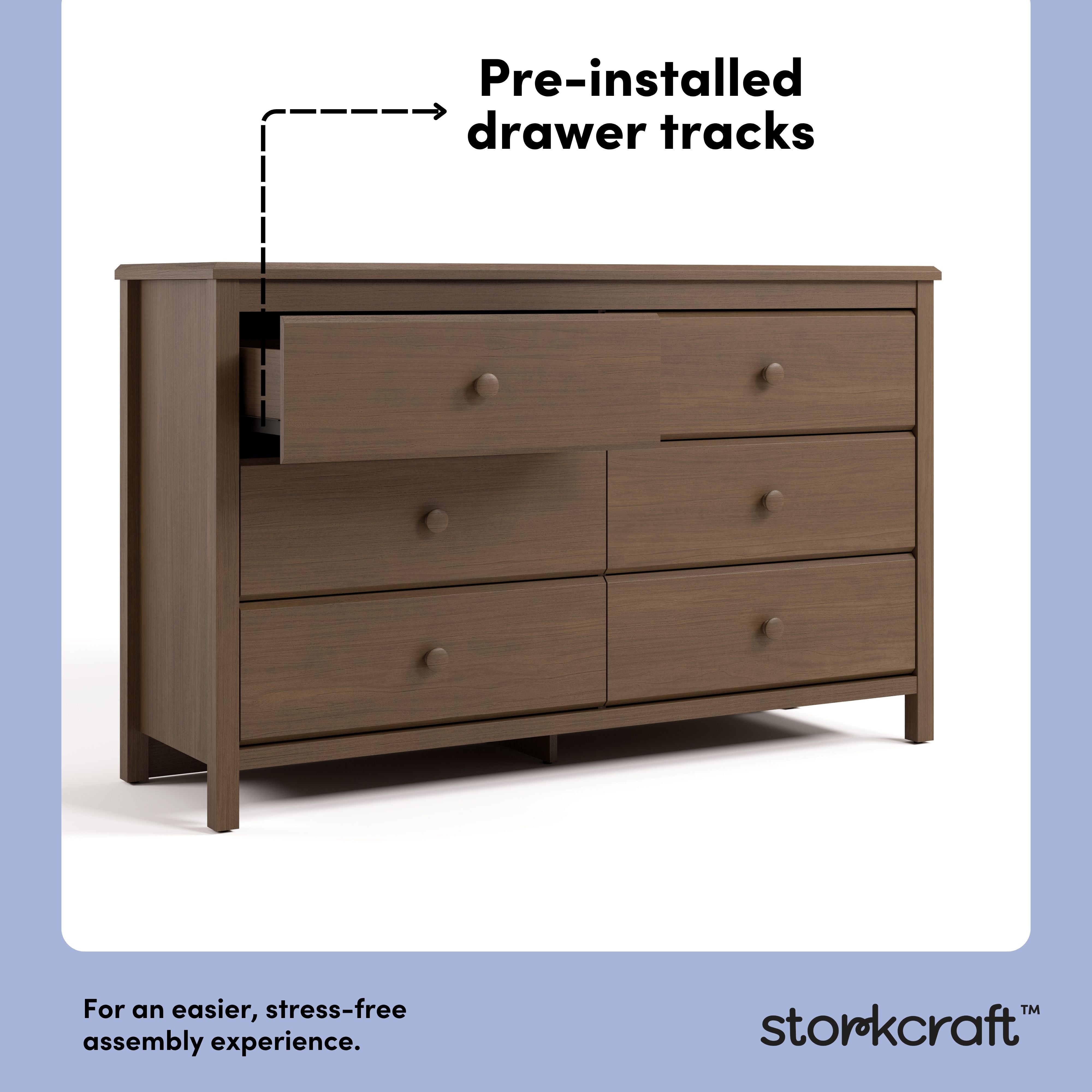 Alpine hazelnut 6 drawer dresser pre-installed drawer tracks callout