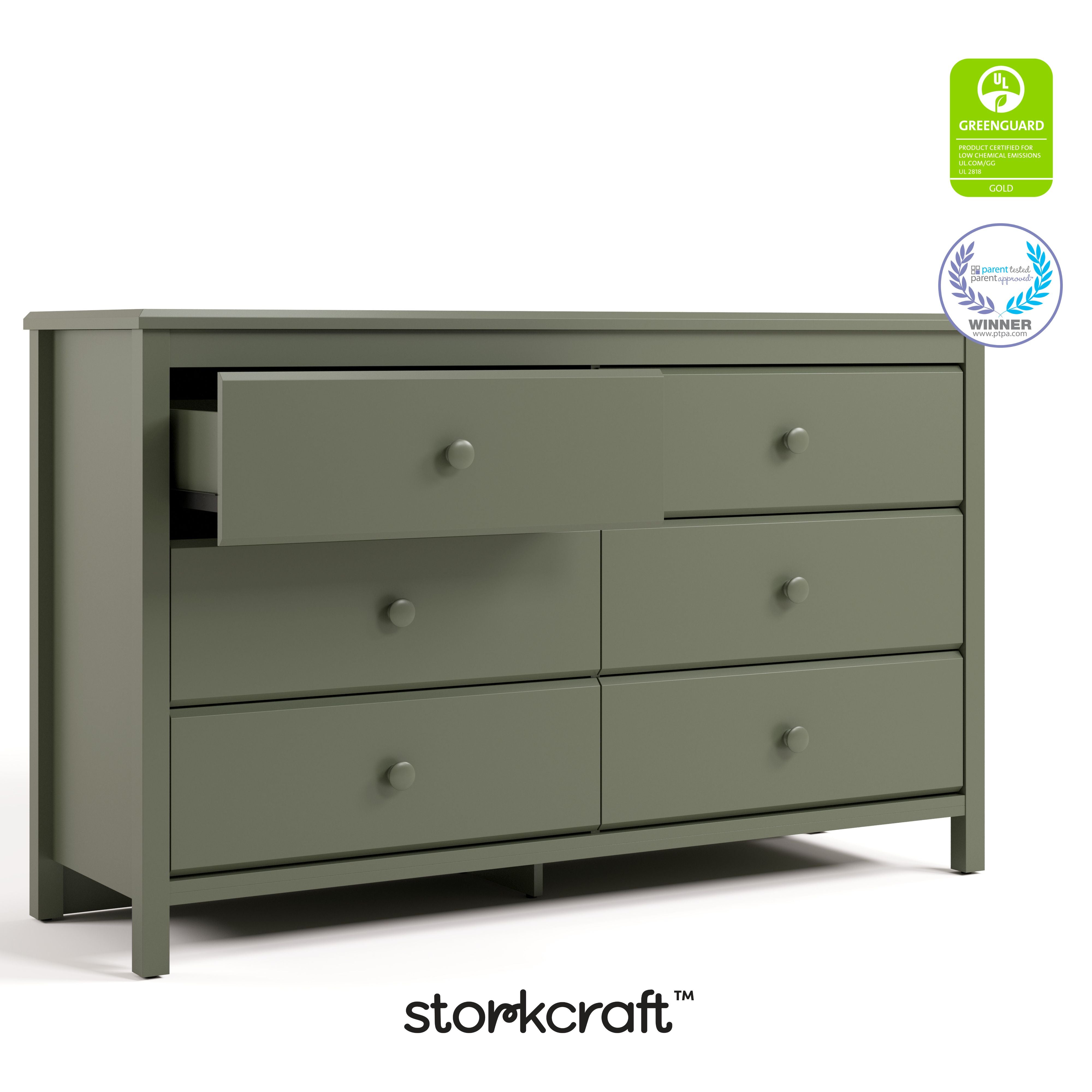 Alpine olive 6 drawer dresser with GGG and PTPA logos on top right