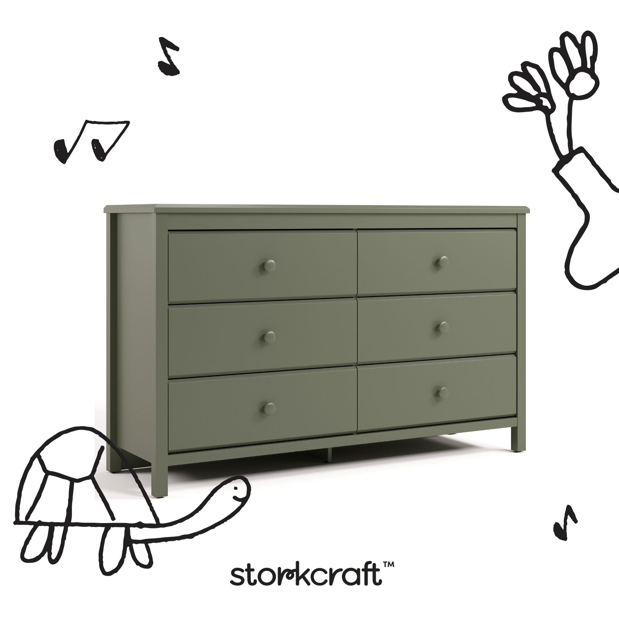 Alpine olive 6 drawer dresser with black doodles overlaid on image