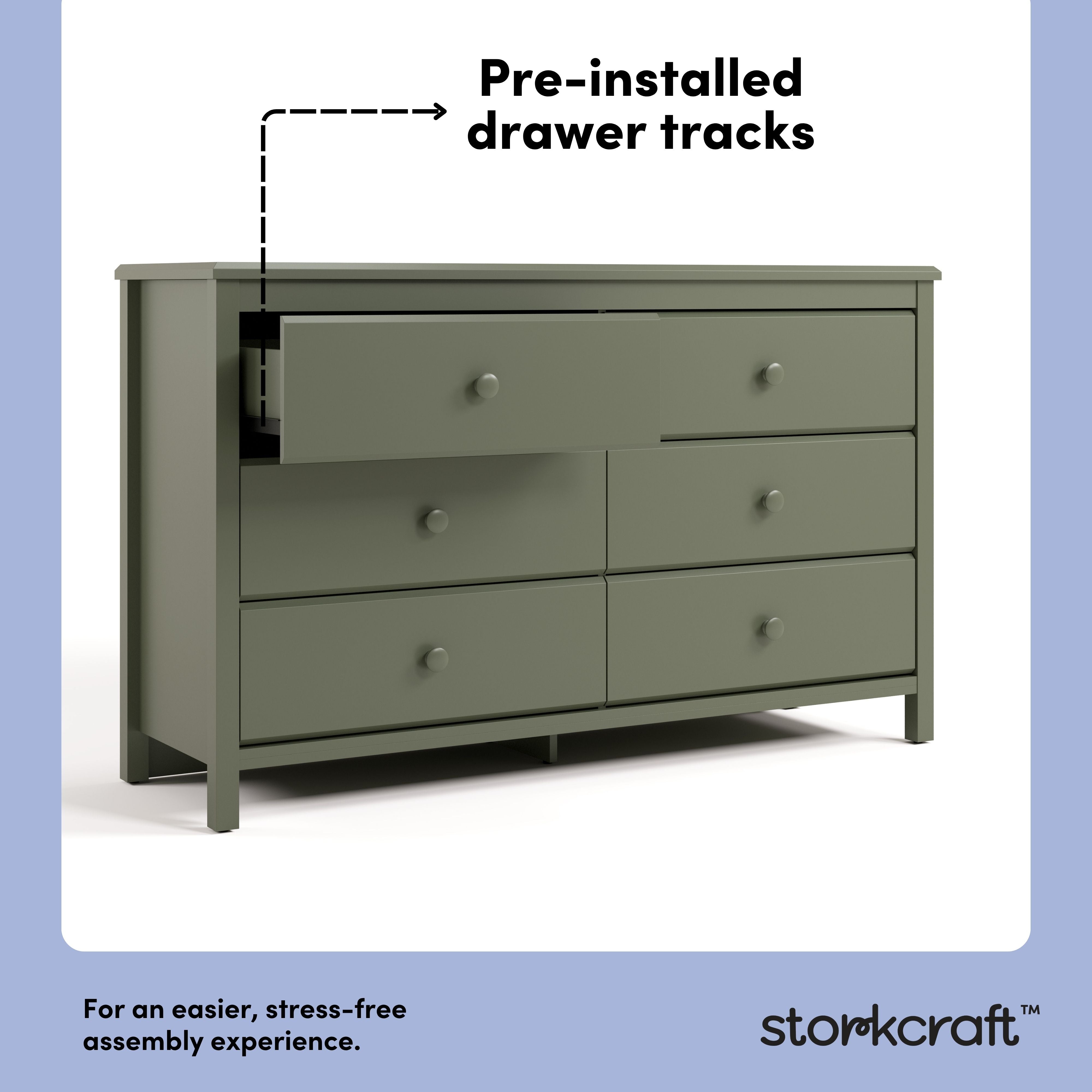 Alpine olive 6 drawer dresser pre-installed drawer tracks callout