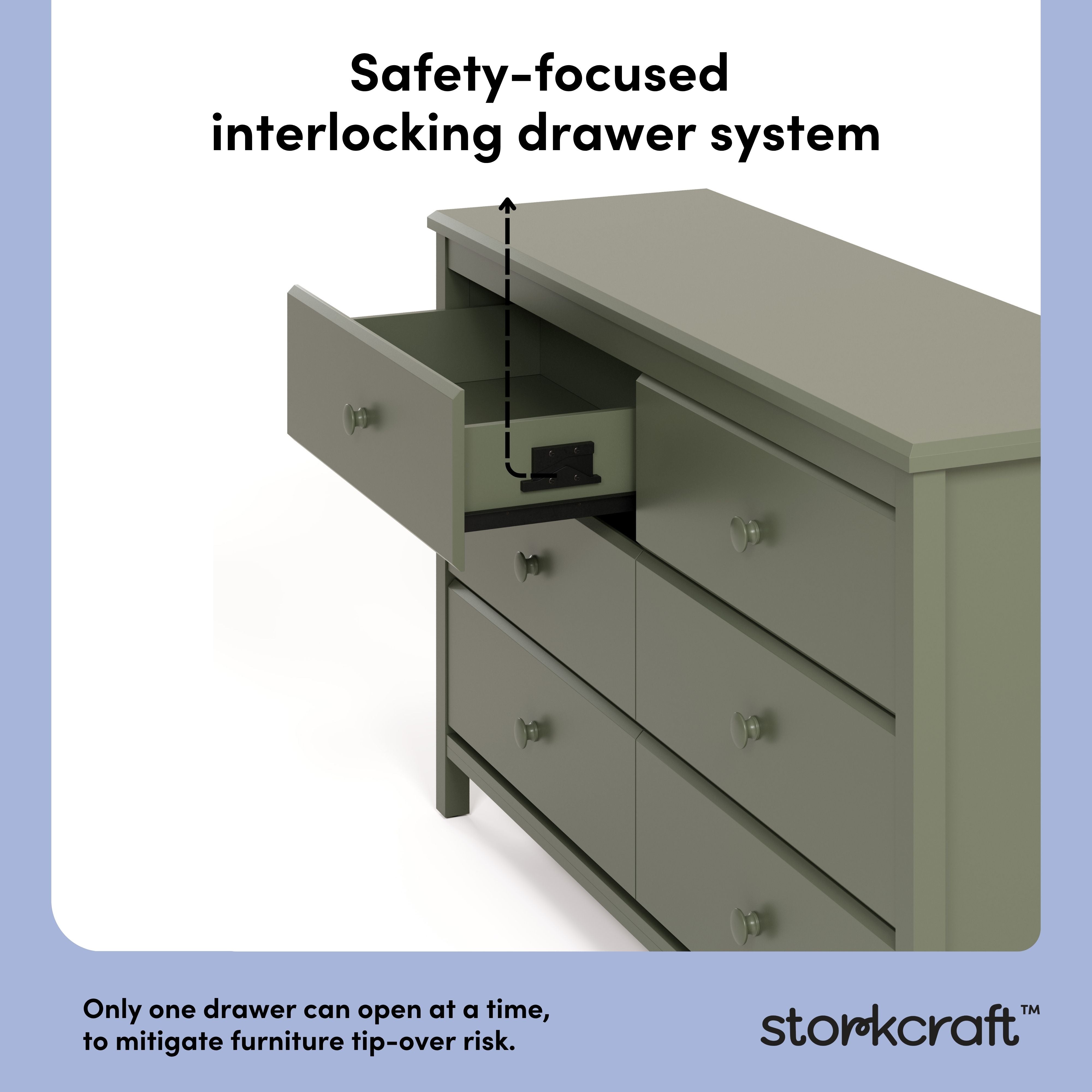 Alpine olive 6 drawer dresser interlocking drawer system callout