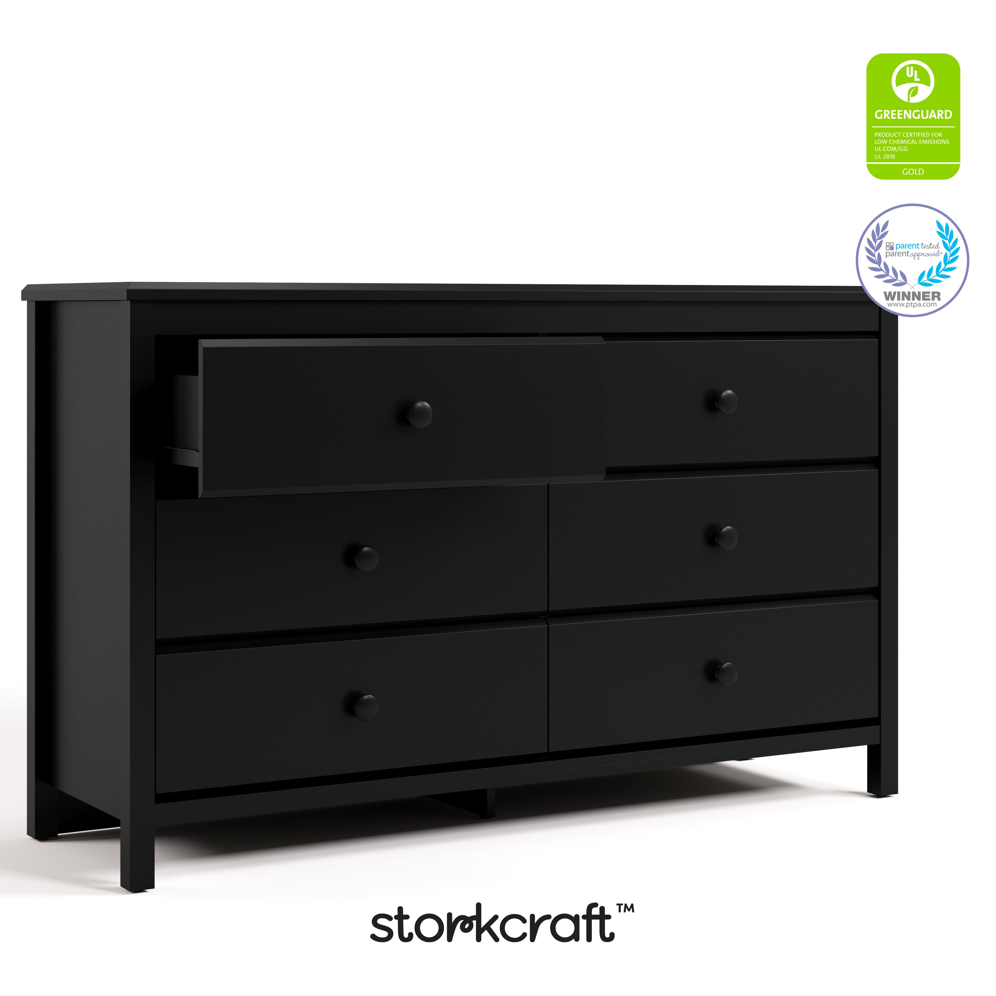 Alpine black 6 drawer dresser with GGG and PTPA logos on top right