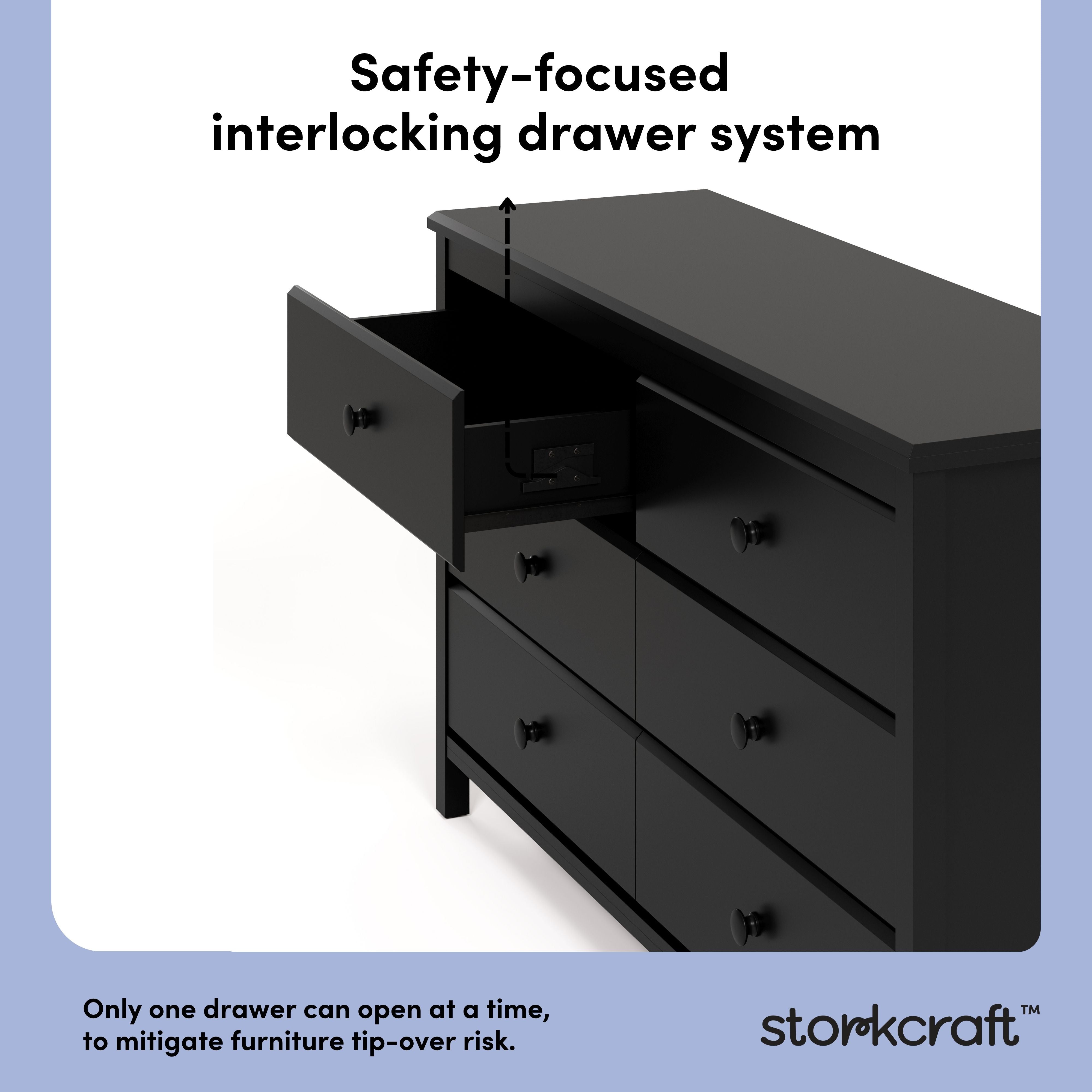 Alpine black 6 drawer dresser interlocking drawer system callout